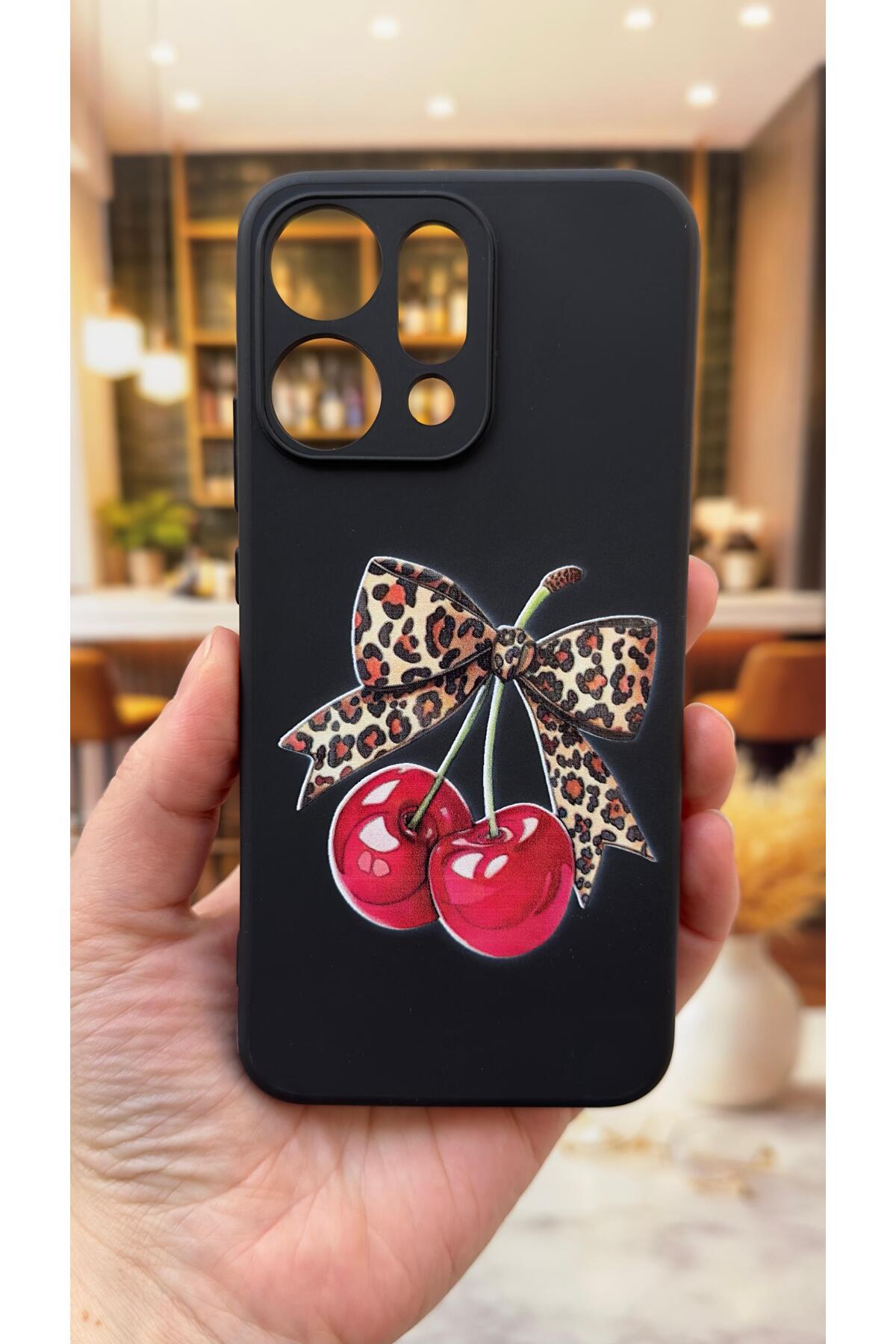 OPPO RENO 14 Uyumlu Kiraz Fiyonk Leopar Desenli Silikon Darbe Emici Klasik Korumalı Rubber Kılıf