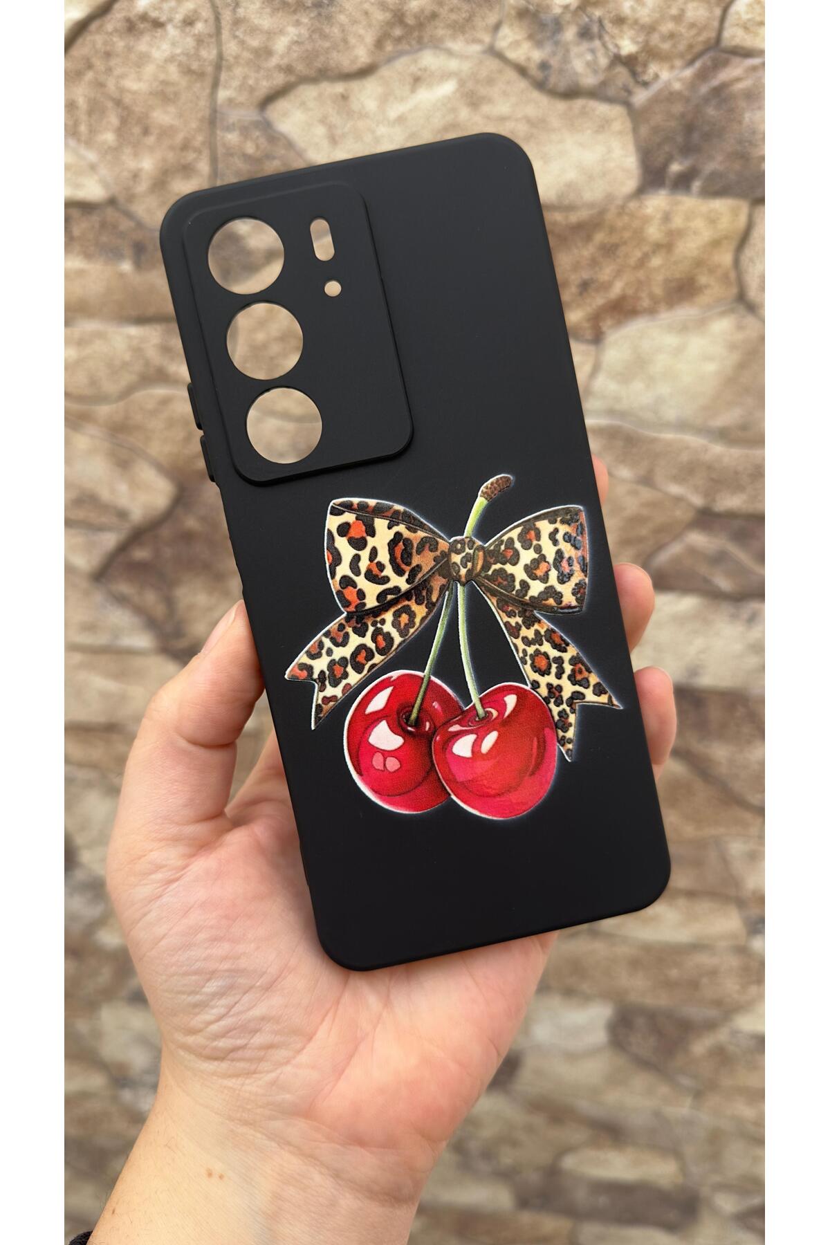 Realme C75 Uyumlu Kiraz Leopar Fiyonk Desenli Silikon Darbe Emici Klasik Korumalı Rubber Kılıf