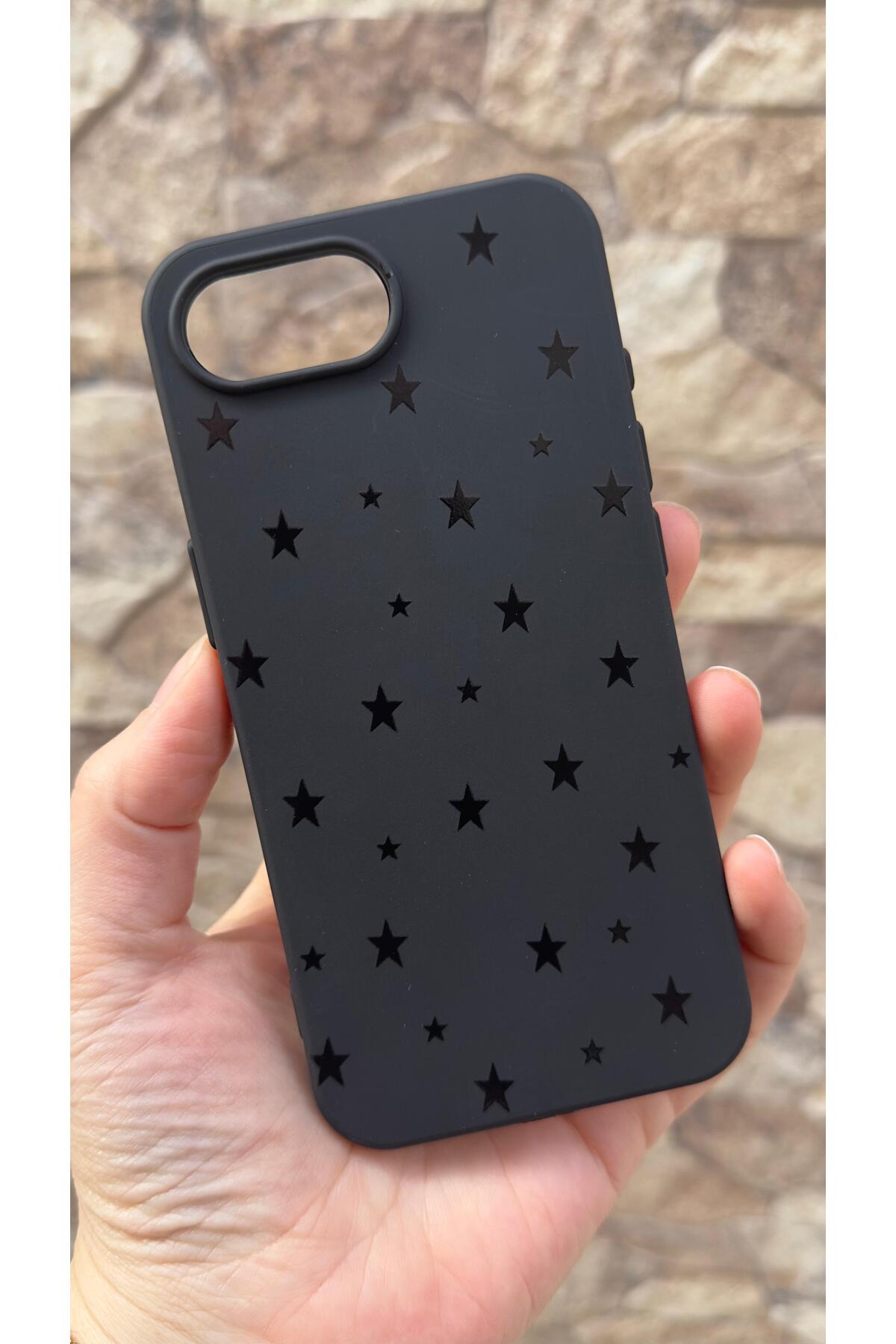 İphone 16E Uyumlu Mini Siyah Yıldız Desenli Silikon Darbe Emici Klasik Korumalı Rubber Kılıf