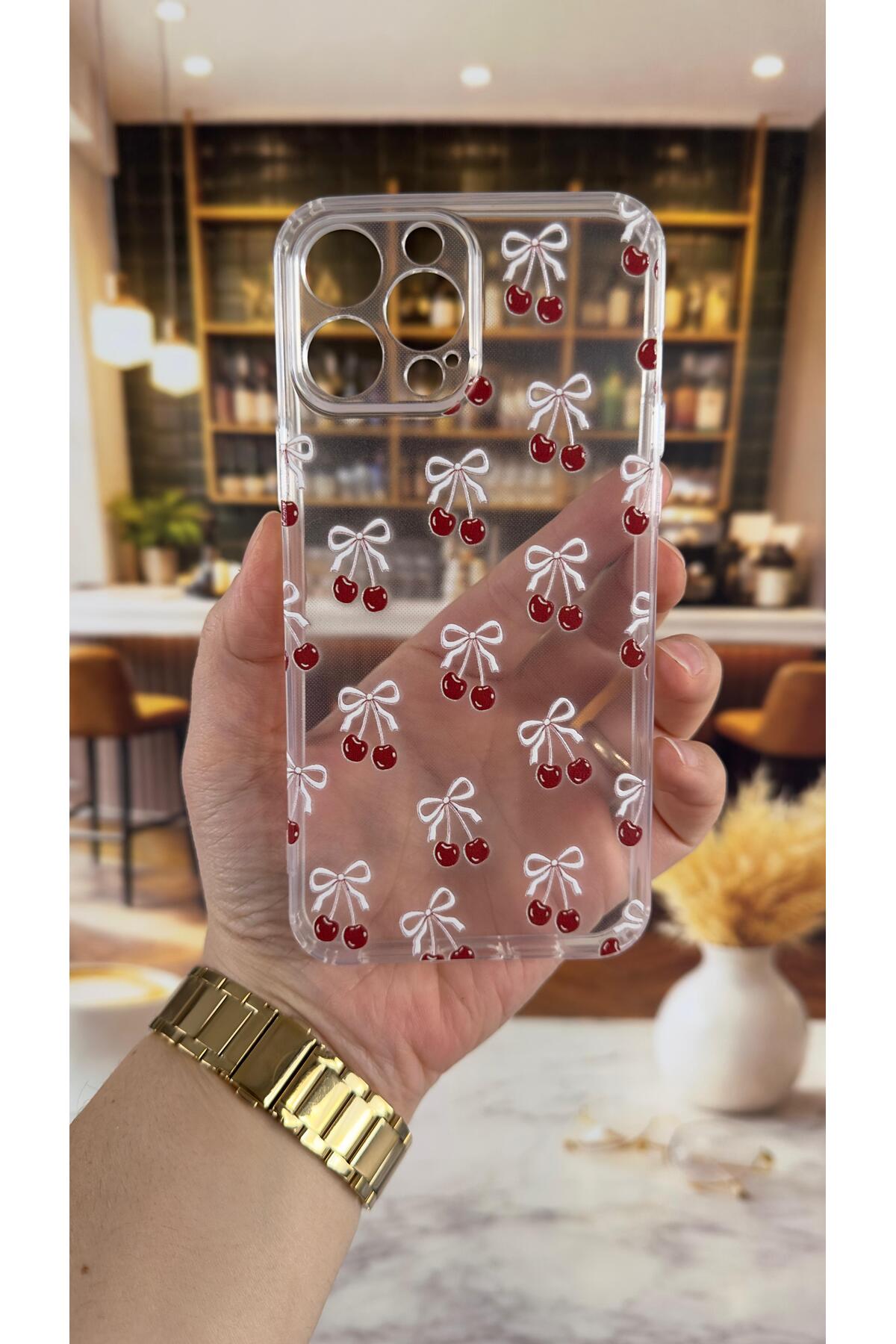 Iphone 13 Pro Max Uyumlu Kiraz Desenli Şeffaf Darbe Emici Kamera Korumalı Clear Kılıf