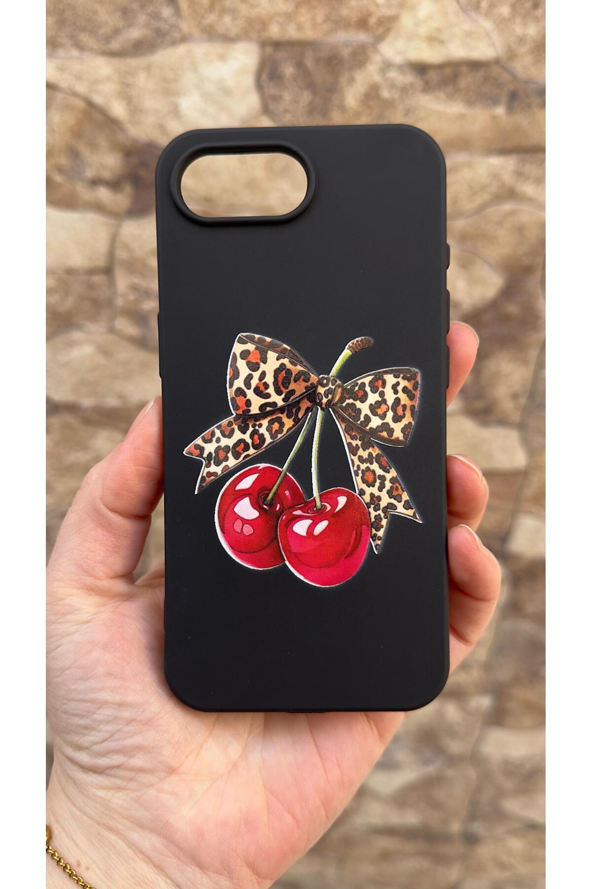 İphone 16E Uyumlu Kiraz Fiyonk Leopar Desenli Silikon Darbe Emici Klasik Korumalı Rubber Kılıf