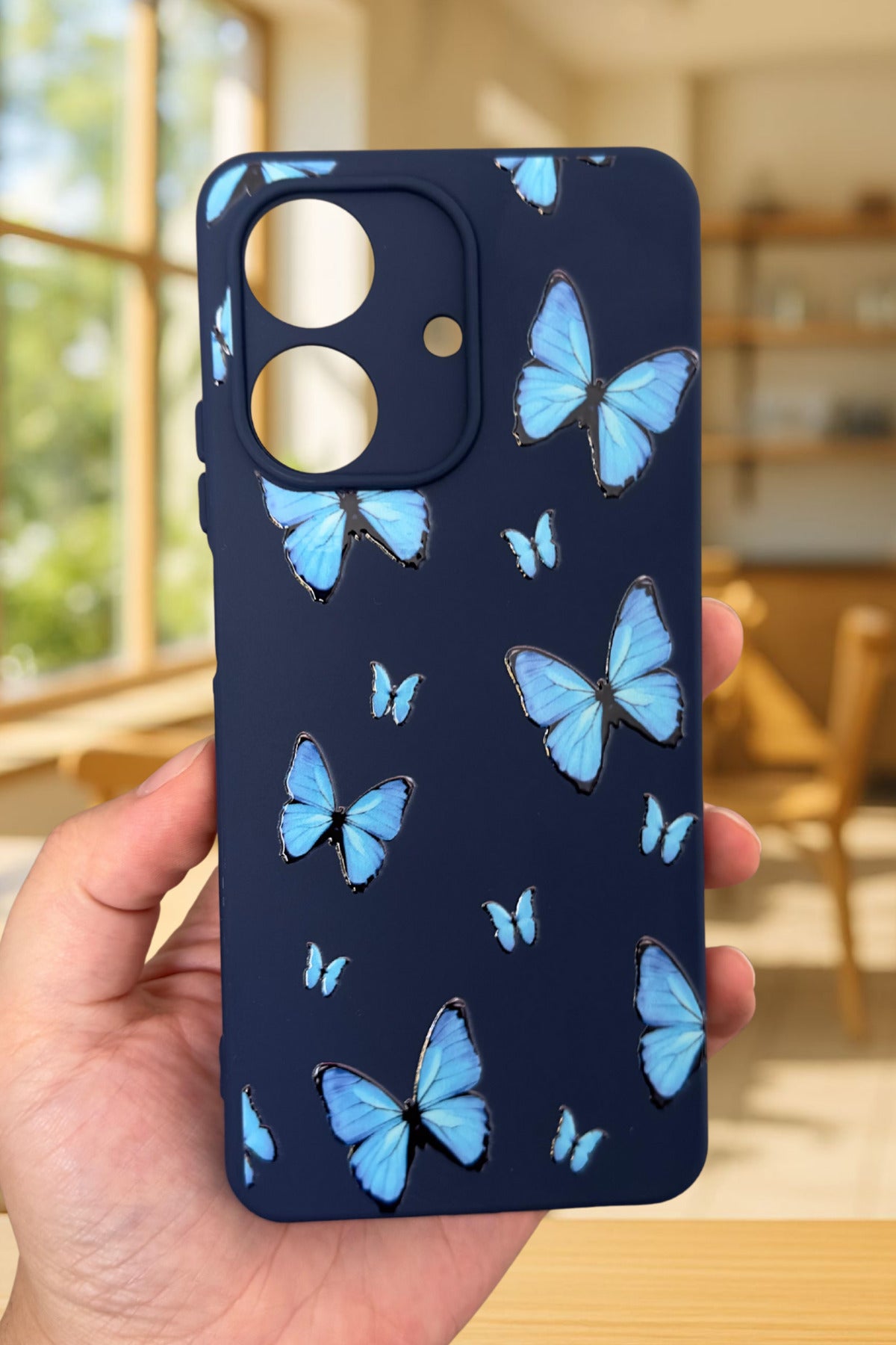 REALME NOTE 60 Uyumlu Mavi Kelebek Desenli Silikon Darbe Emici Klasik Korumalı Rubber Kılıf