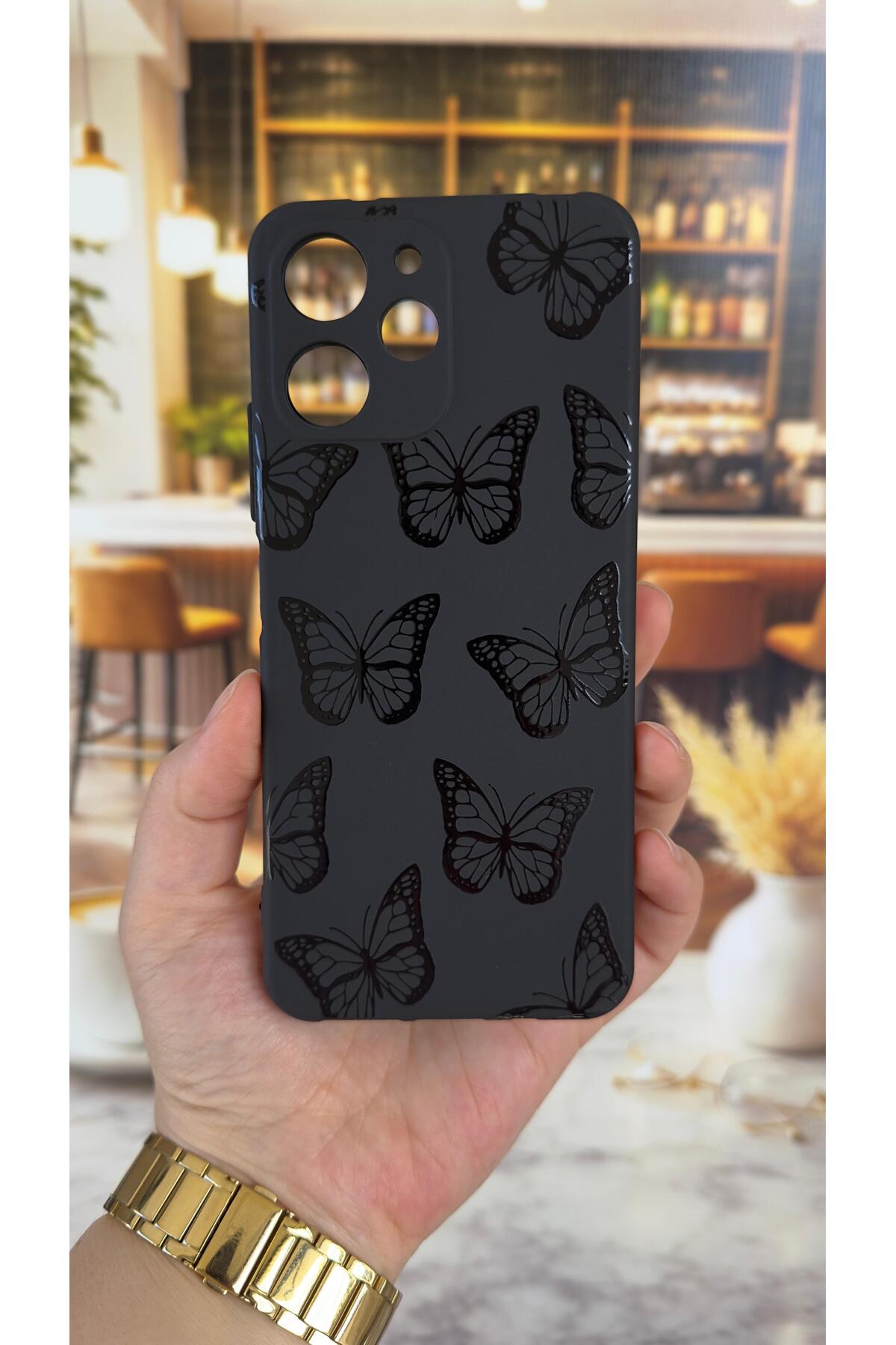 Redmi 12 Uyumlu Siyah Kelebek Desenli Silikon Darbe Emici Klasik Korumalı Rubber Kılıf