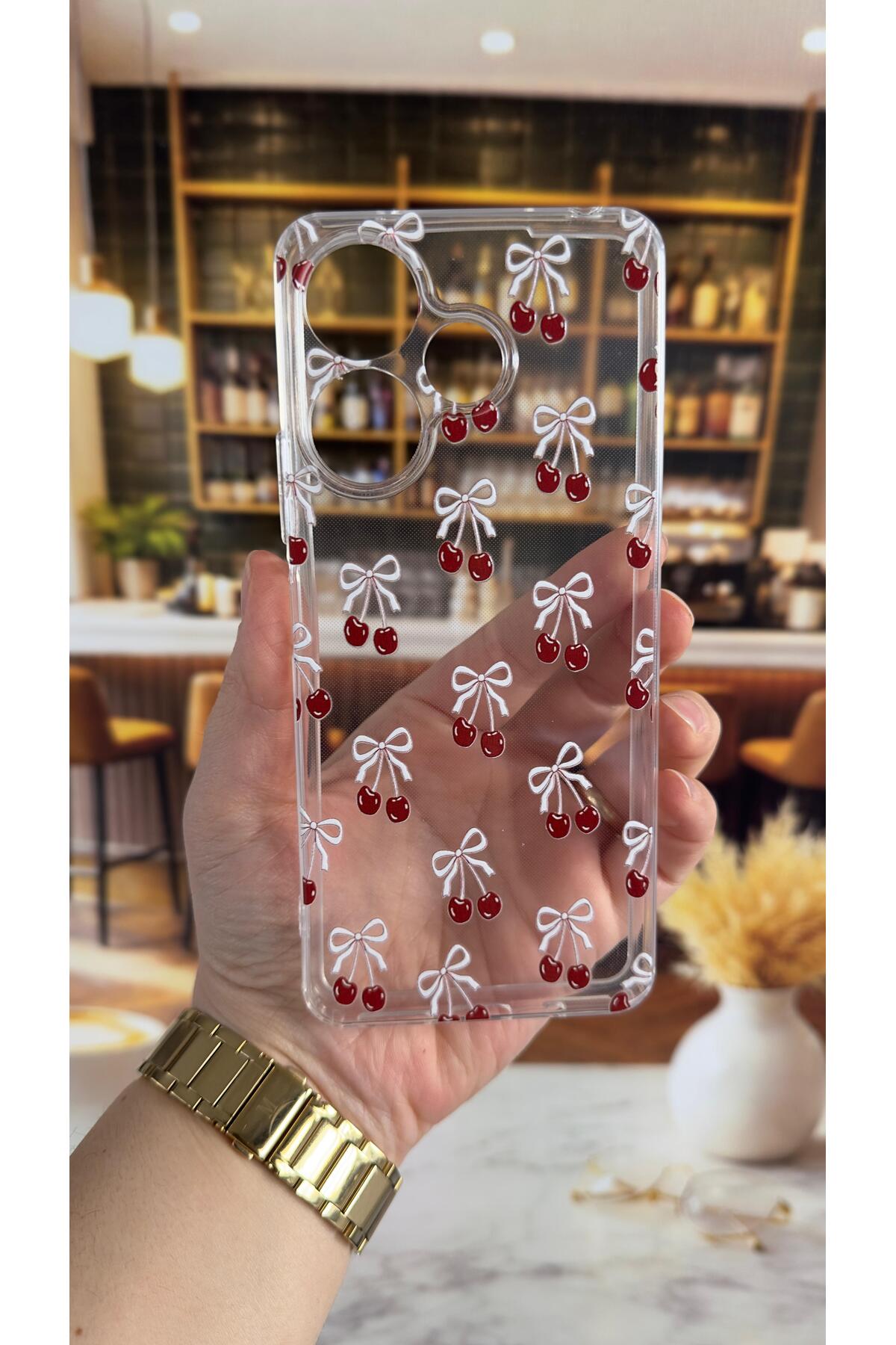 Redmi 13 Uyumlu Kiraz Desenli Şeffaf Darbe Emici Kamera Korumalı Clear Kılıf
