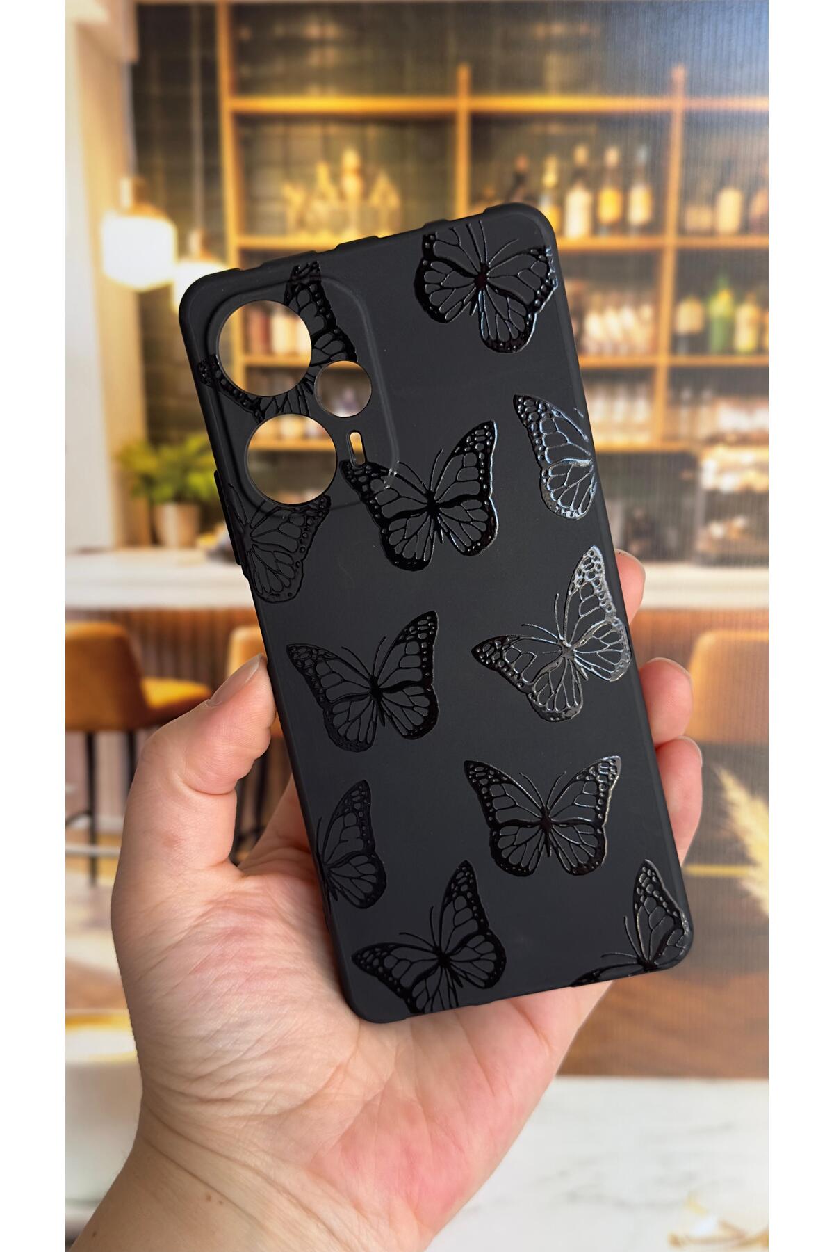 Poco F5 Uyumlu Siyah Kelebek Desenli Silikon Darbe Emici Klasik Korumalı Rubber Kılıf