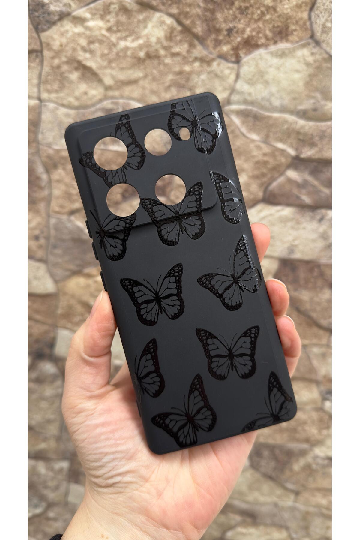 İnfınıx Note 40 Pro Plus 5G Uyumlu Siyah Kelebek Desenli Silikon Darbe Emici Klasik Korumalı Rubber Kılıf