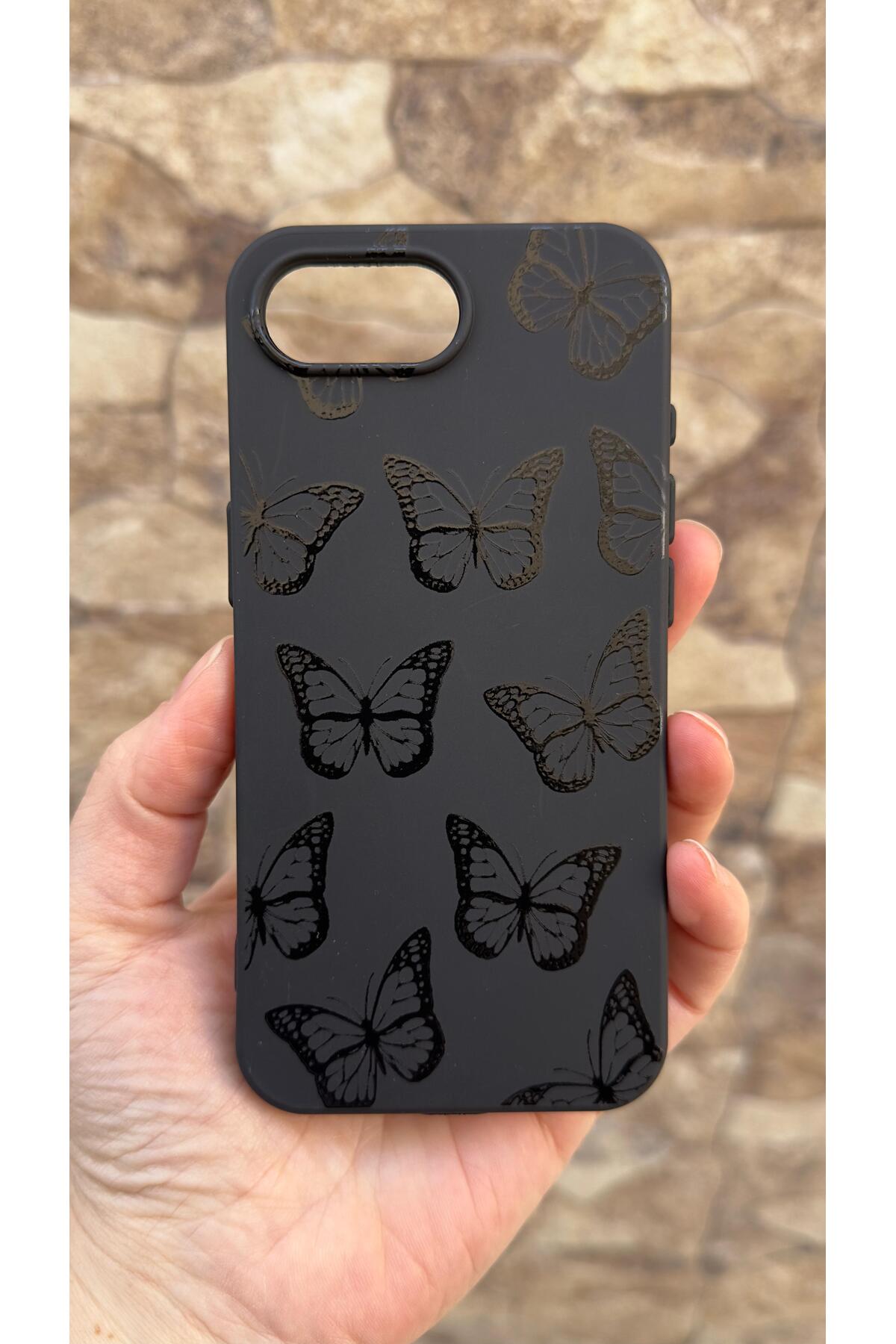 İphone 16E Uyumlu Siyah Kelebek Desenli Silikon Darbe Emici Klasik Korumalı Rubber Kılıf