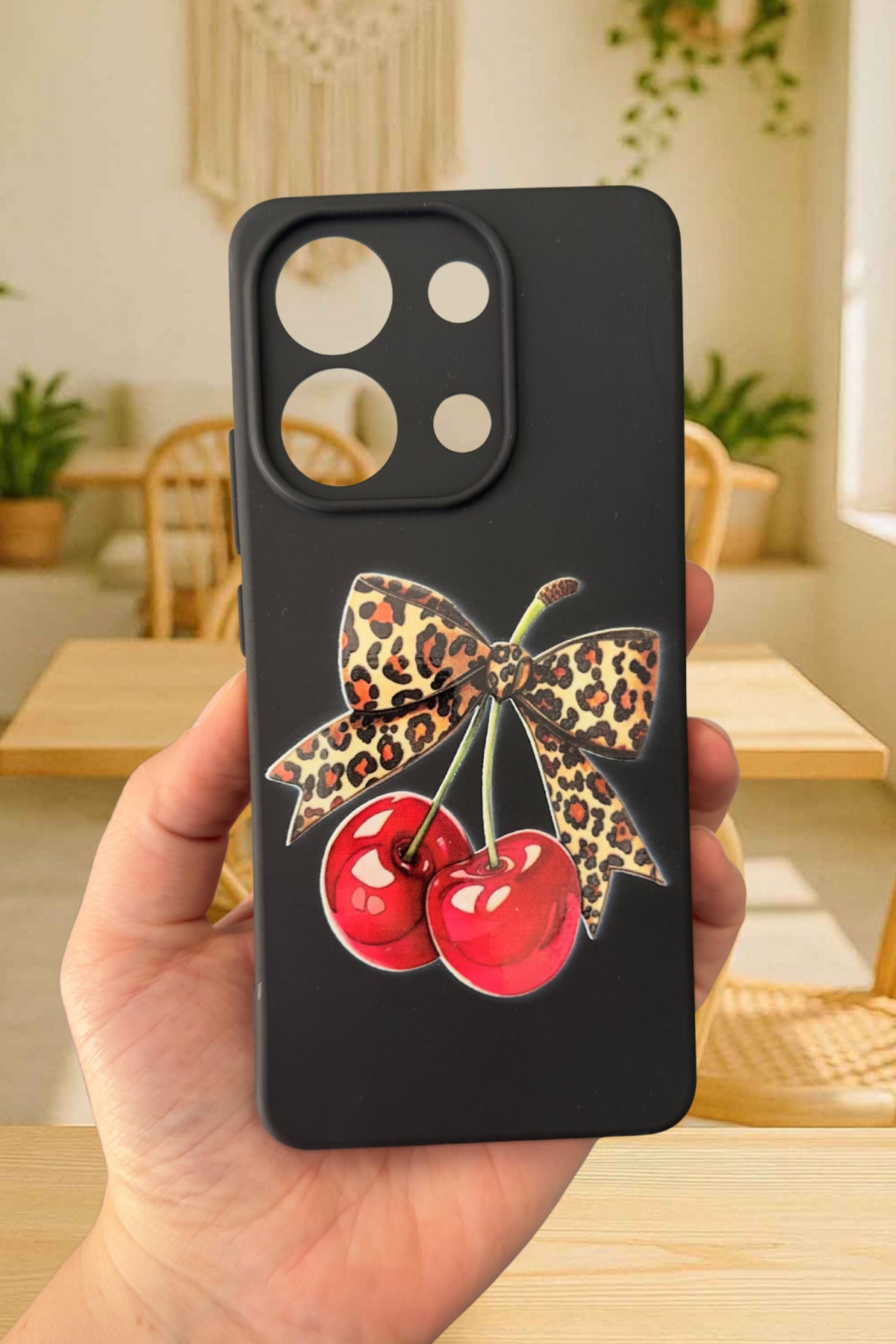 Redmi Note 13 4G Uyumlu Kiraz Leopar Fiyonk Desenli Silikon Darbe Emici Rubber Kılıf