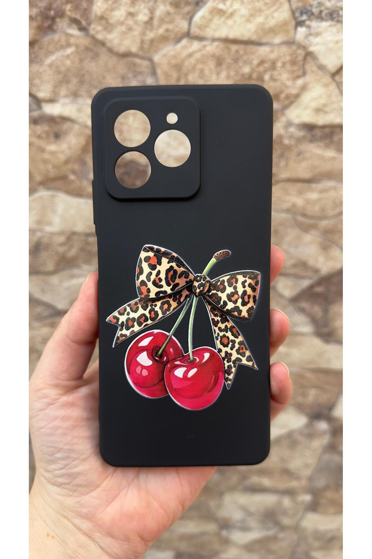 Omix X7 Uyumlu Kiraz Fiyonk Leopar Desenli Silikon Darbe Emici Klasik Korumalı Rubber Kılıf 277