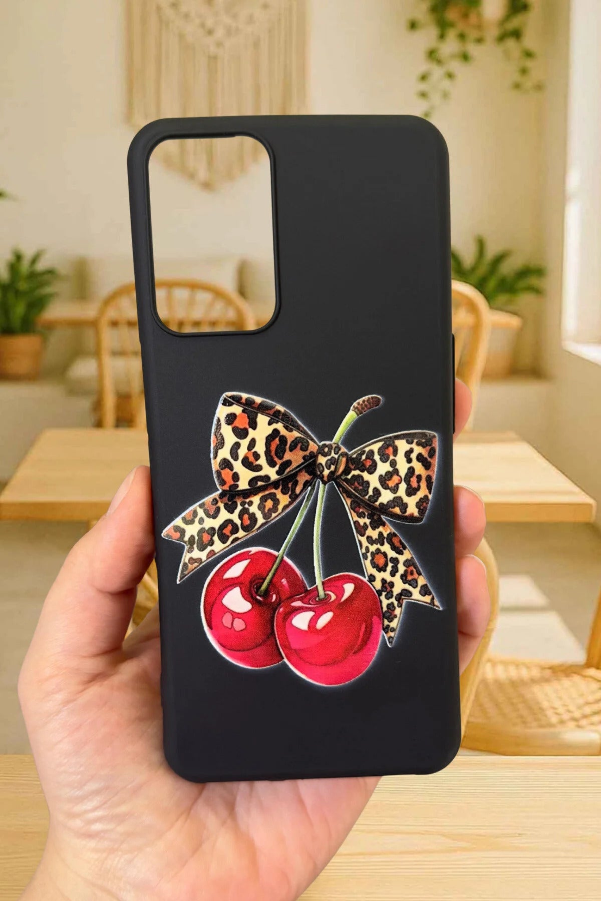 Samsung Galaxy A31 Uyumlu Kiraz Fiyonk Leopar Desenli Silikon Darbe Emici Klasik Rubber Kılıf