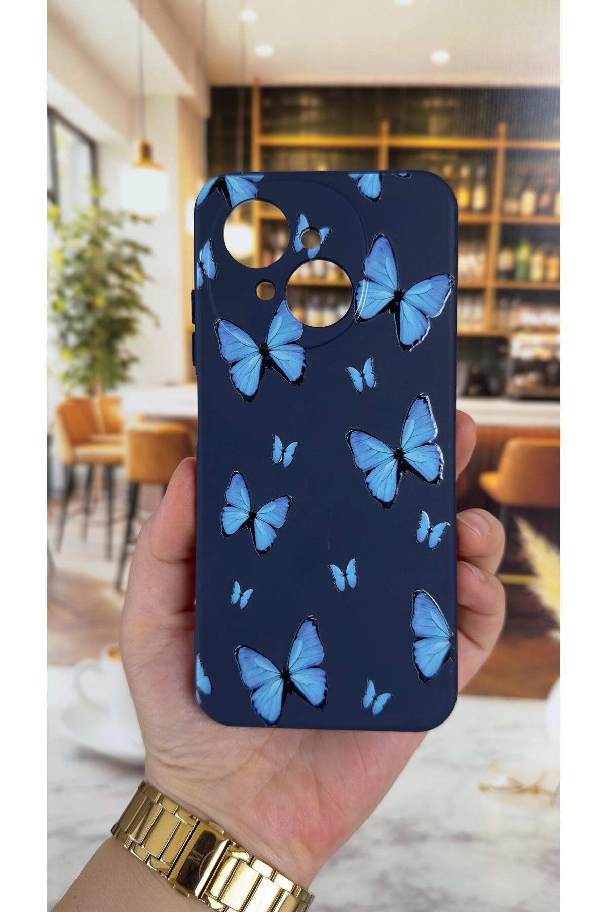 Tecno Spark Go1 Uyumlu Mavi Kelebek Desenli Silikon Darbe Emici Klasik Korumalı Rubber Kılıf