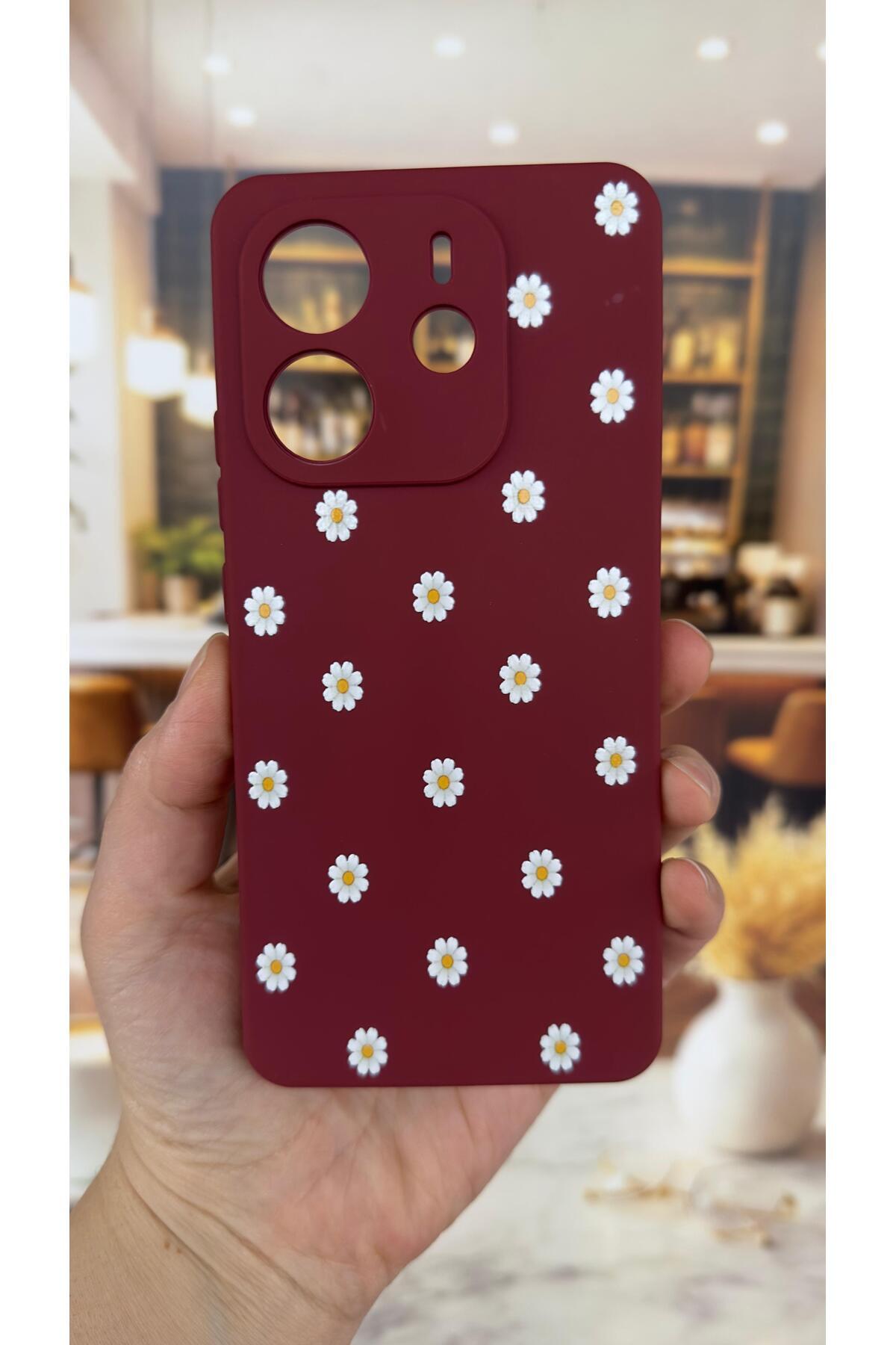 Xiaomi Redmi Note 14 Uyumlu Beyaz Papatya Desenli Silikon Darbe Emici Klasik Korumalı Rubber Kılıf
