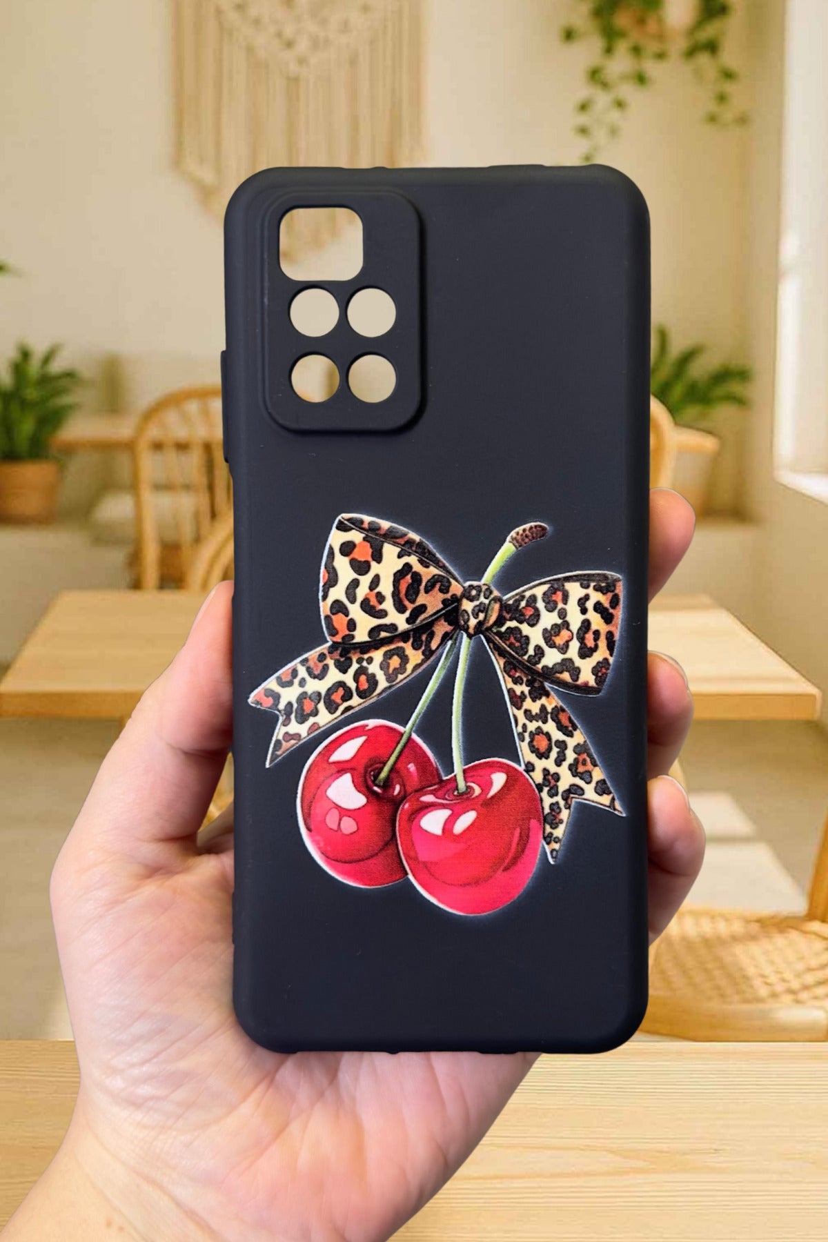 Xiaomi Redmi 10 2022 Uyumlu Kiraz Leopar Fiyonk Desenli Silikon Darbe Emici Rubber Kılıf
