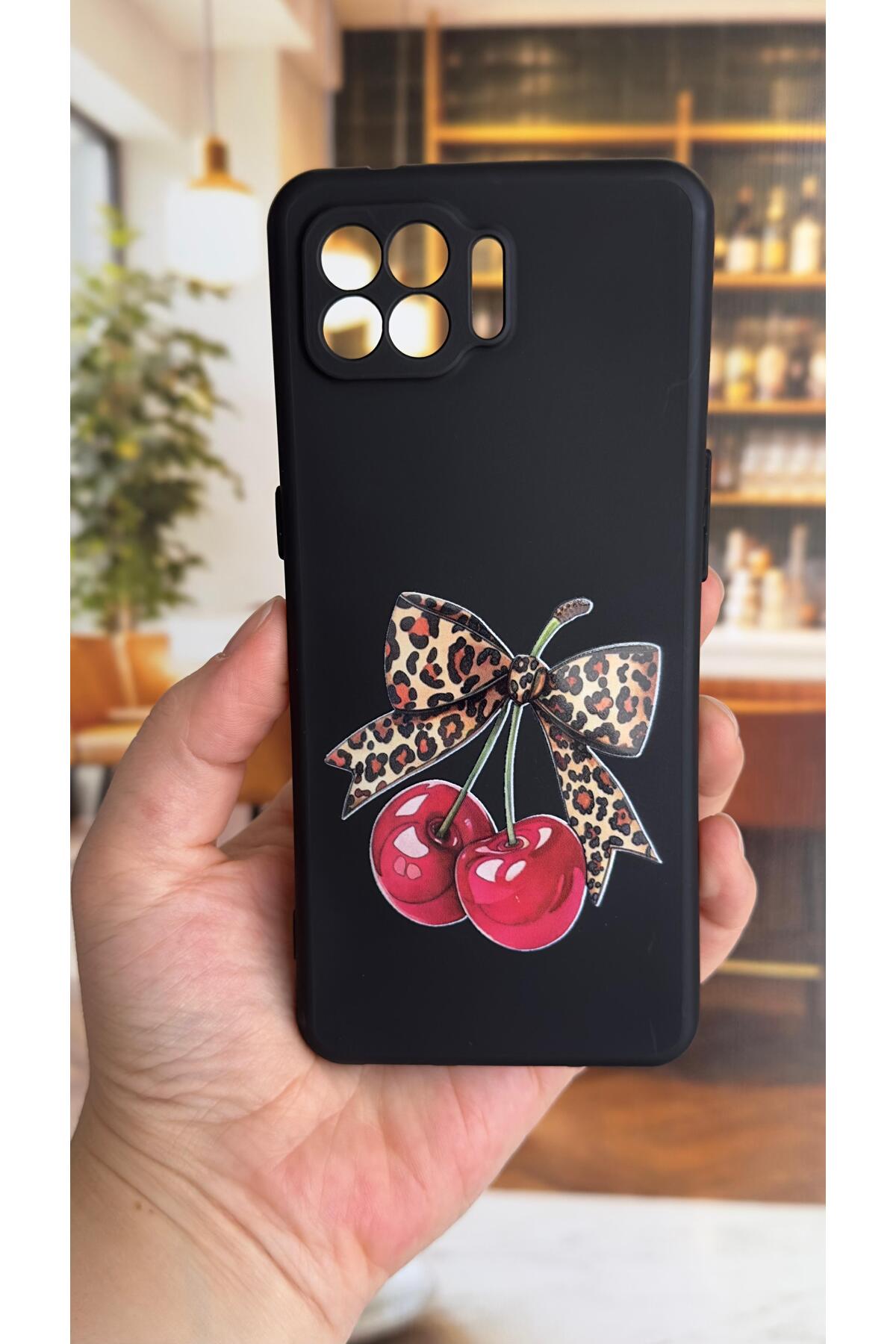 OPPO Reno 4 Lite Uyumlu Kiraz Fiyonk Leopar Desenli Silikon Darbe Emici Klasik Korumalı Rubber Kılıf