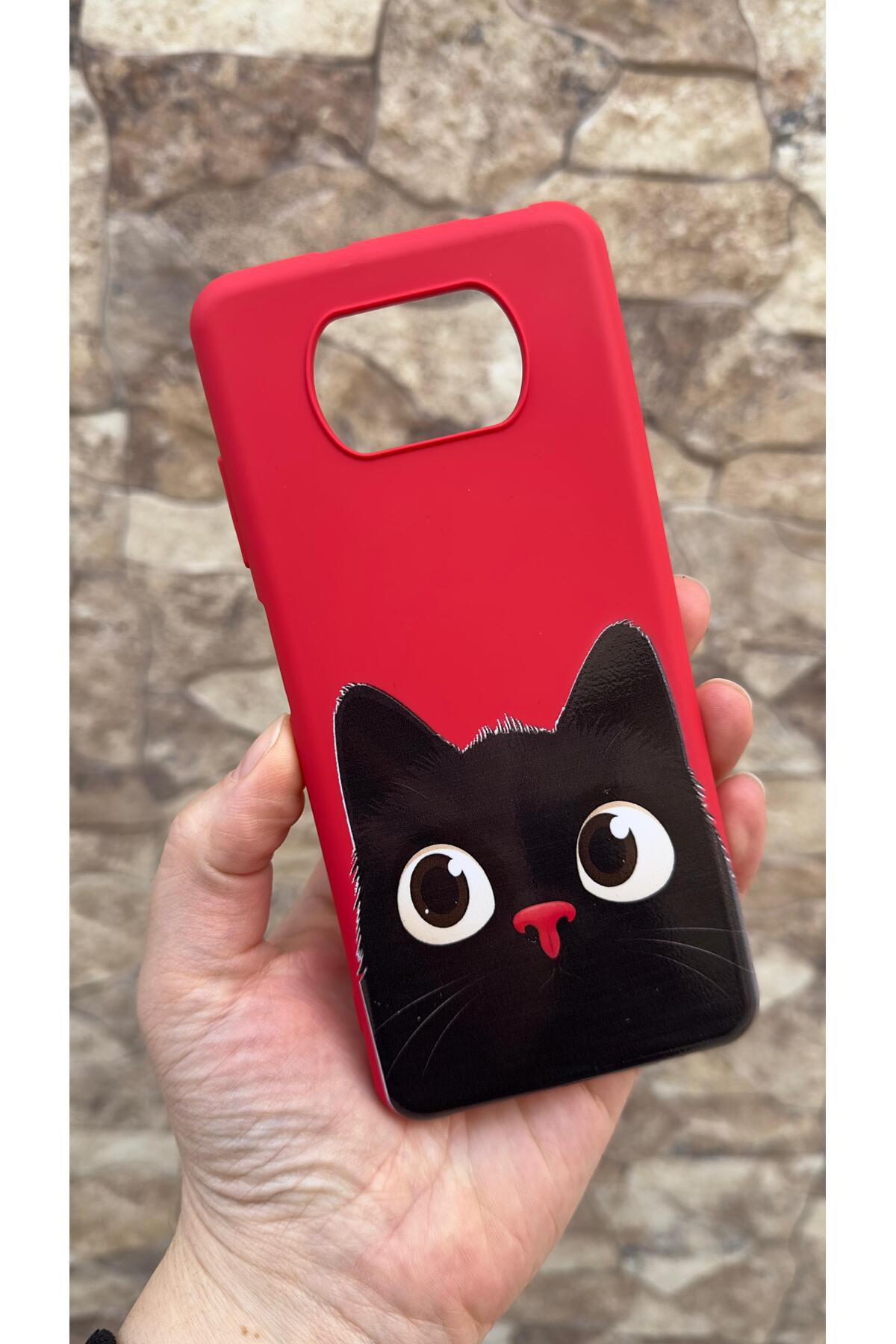 Poco X3 ve X3 Pro Uyumlu Sevimli Siyah Kedi Desenli Silikon Darbe Emici Klasik Korumalı Rubber Kılıf
