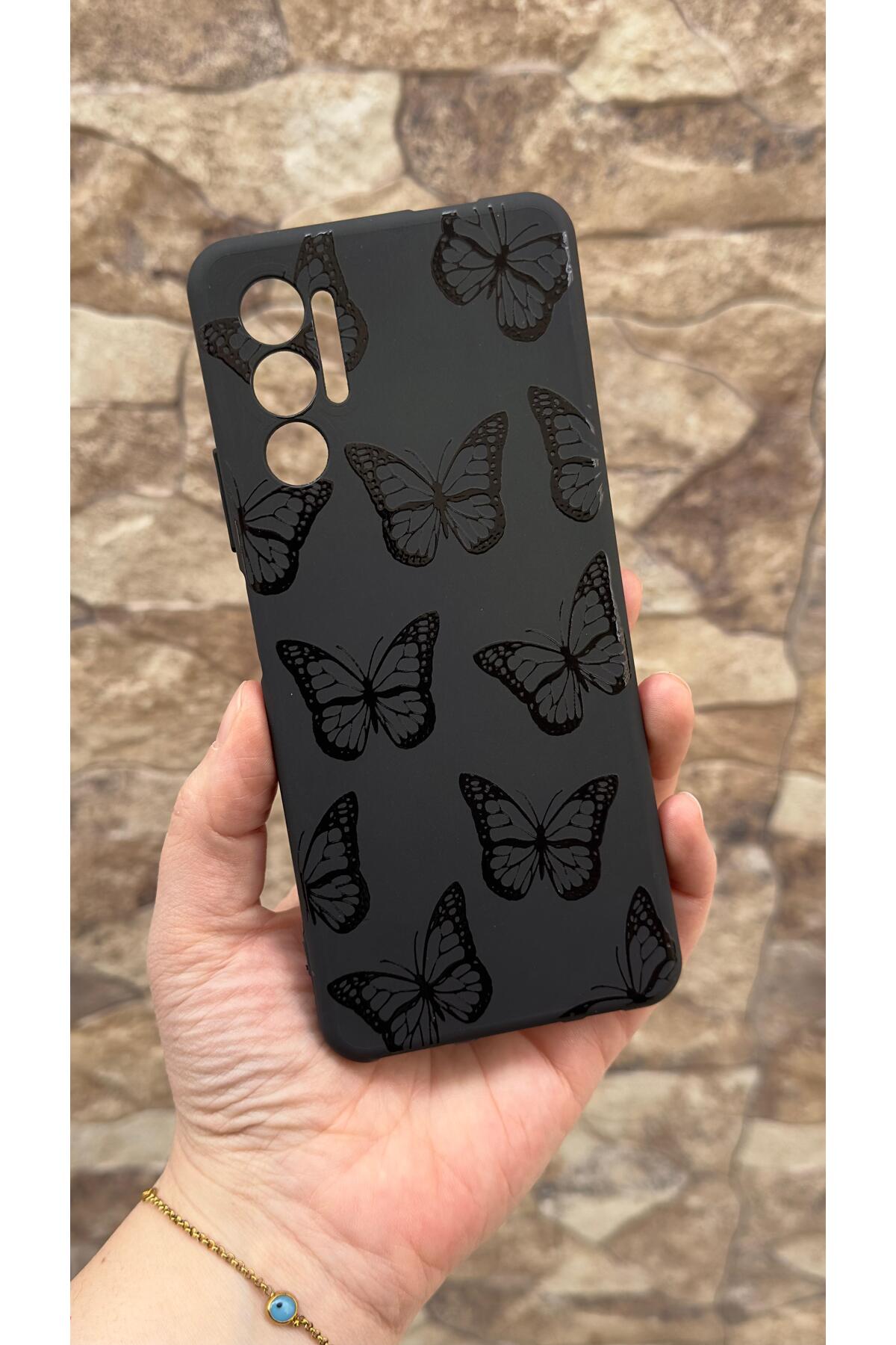 Tecno Pova 3 Uyumlu Siyah Kelebek Desenli Silikon Darbe Emici Klasik Korumalı Rubber Kılıf