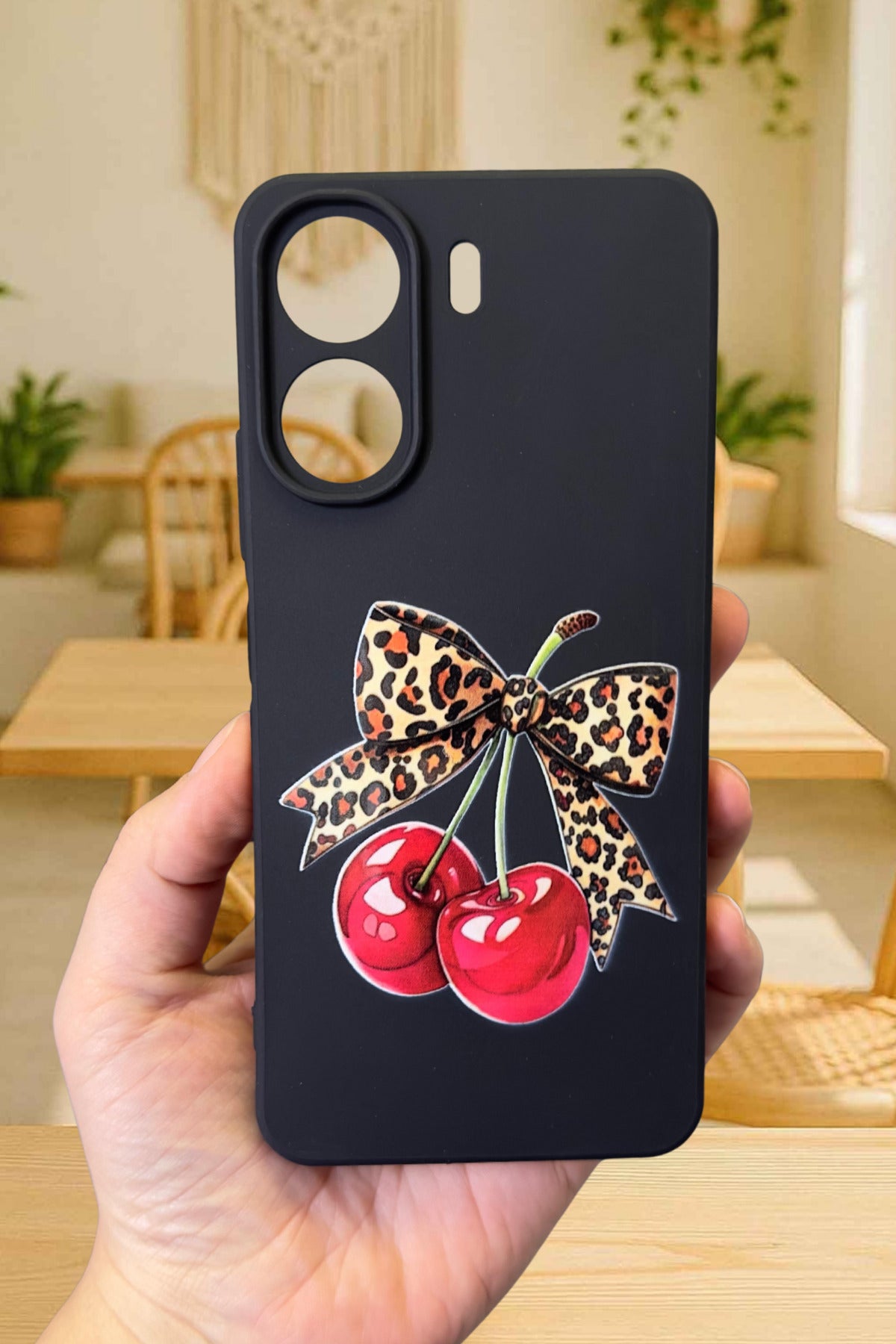 REDMİ 13C Uyumlu Kiraz Leopar Fiyonk Desenli Lansman Kamera Korumalı Yumuşak Silikon RUBBER Kılıf