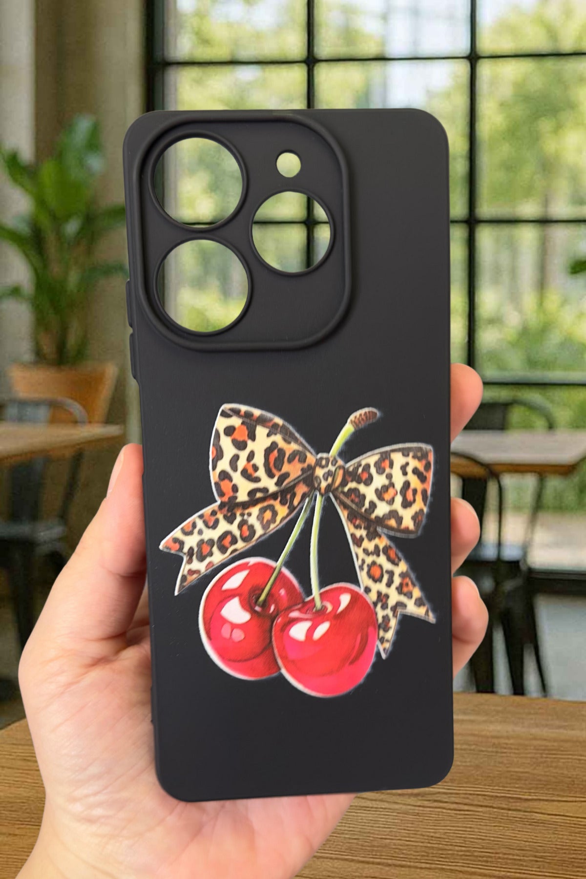 Tecno Spark 10 PRO Uyumlu Kiraz Leopar Fiyonk Desenli Silikon Darbe Emici Rubber Kılıf