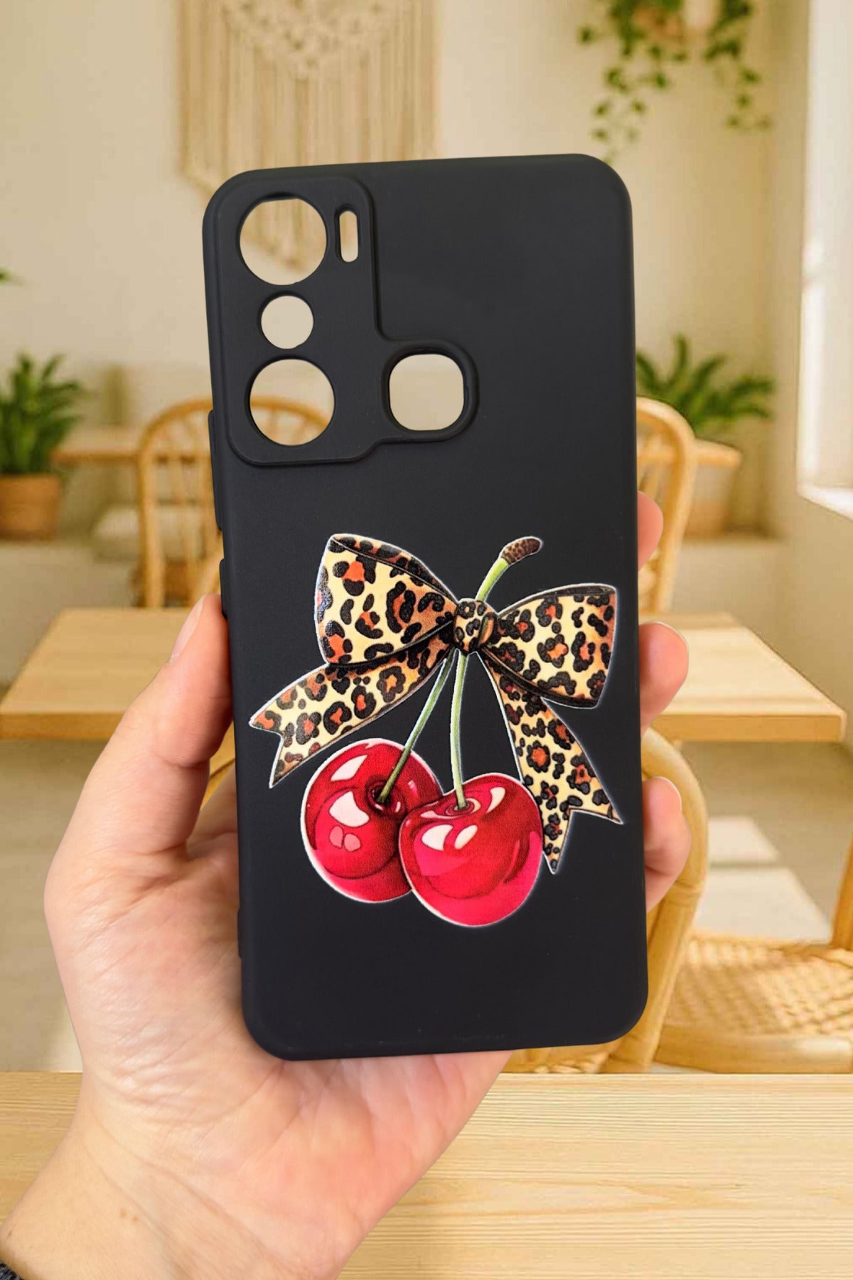İNFİNİX HOT 20İ Uyumlu Kiraz Leopar Fiyonk Desenli Silikon Darbe Emici Rubber Kılıf