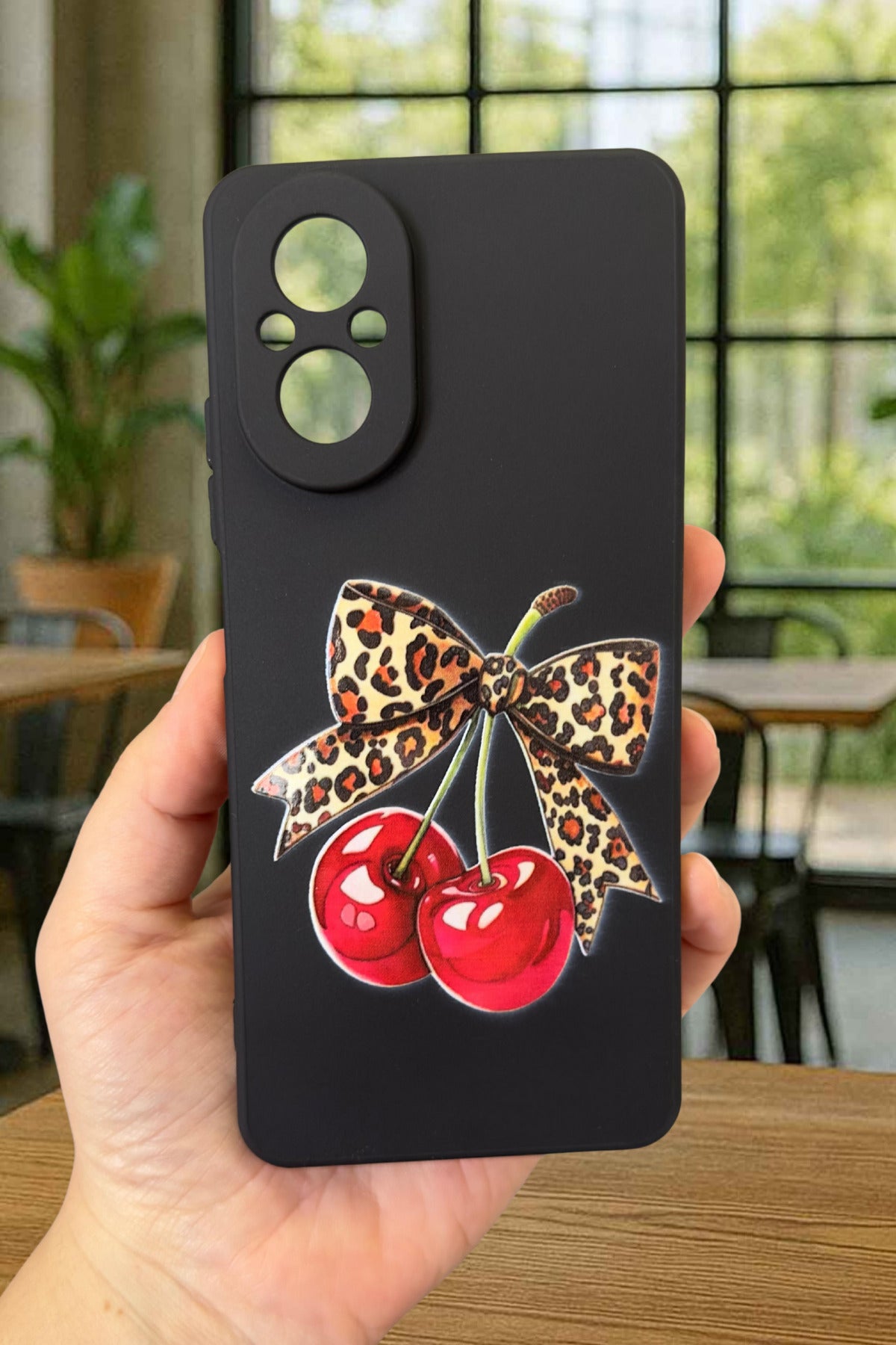 REALME 12 LİTE Uyumlu Kiraz Leopar Fiyonk Desenli Silikon Darbe Emici Rubber Kılıf