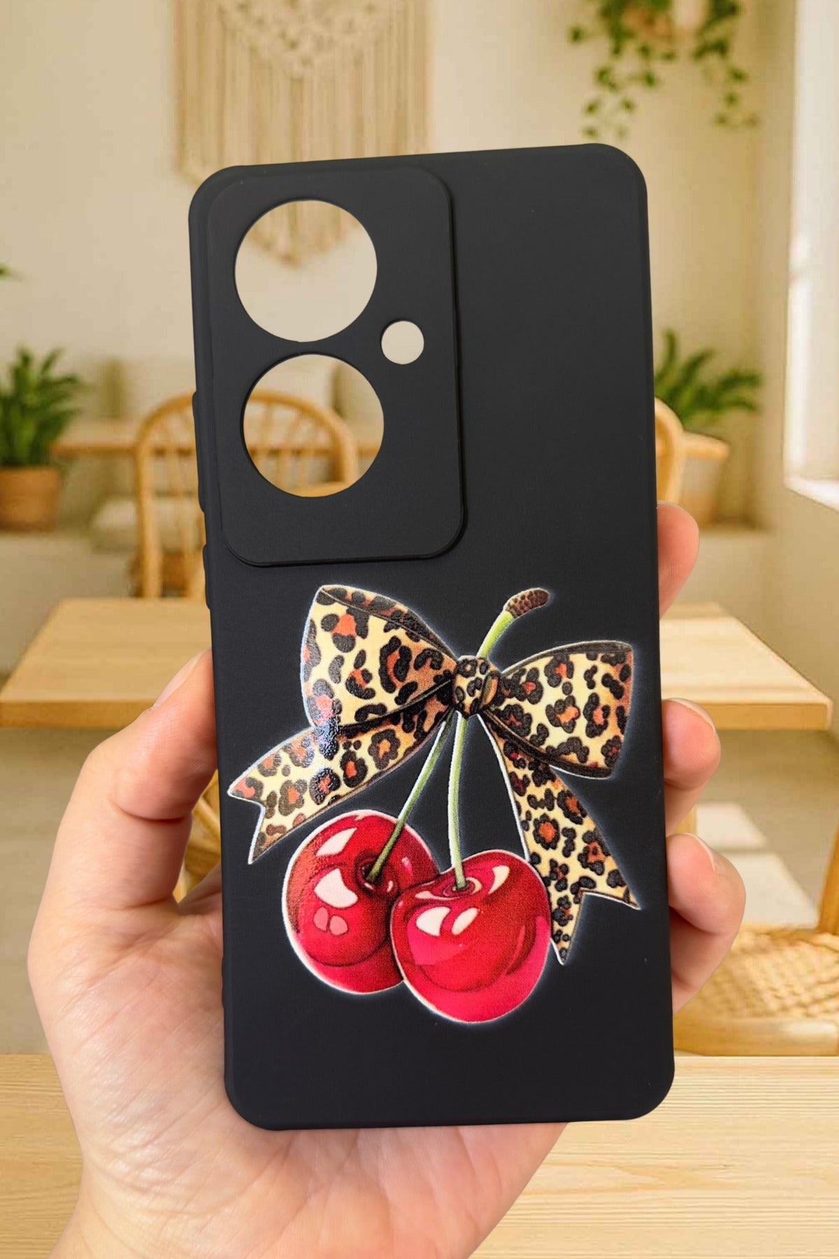 OPPO RENO 11F Uyumlu Kiraz Leopar Fiyonk Desenli Silikon Darbe Emici Rubber Kılıf