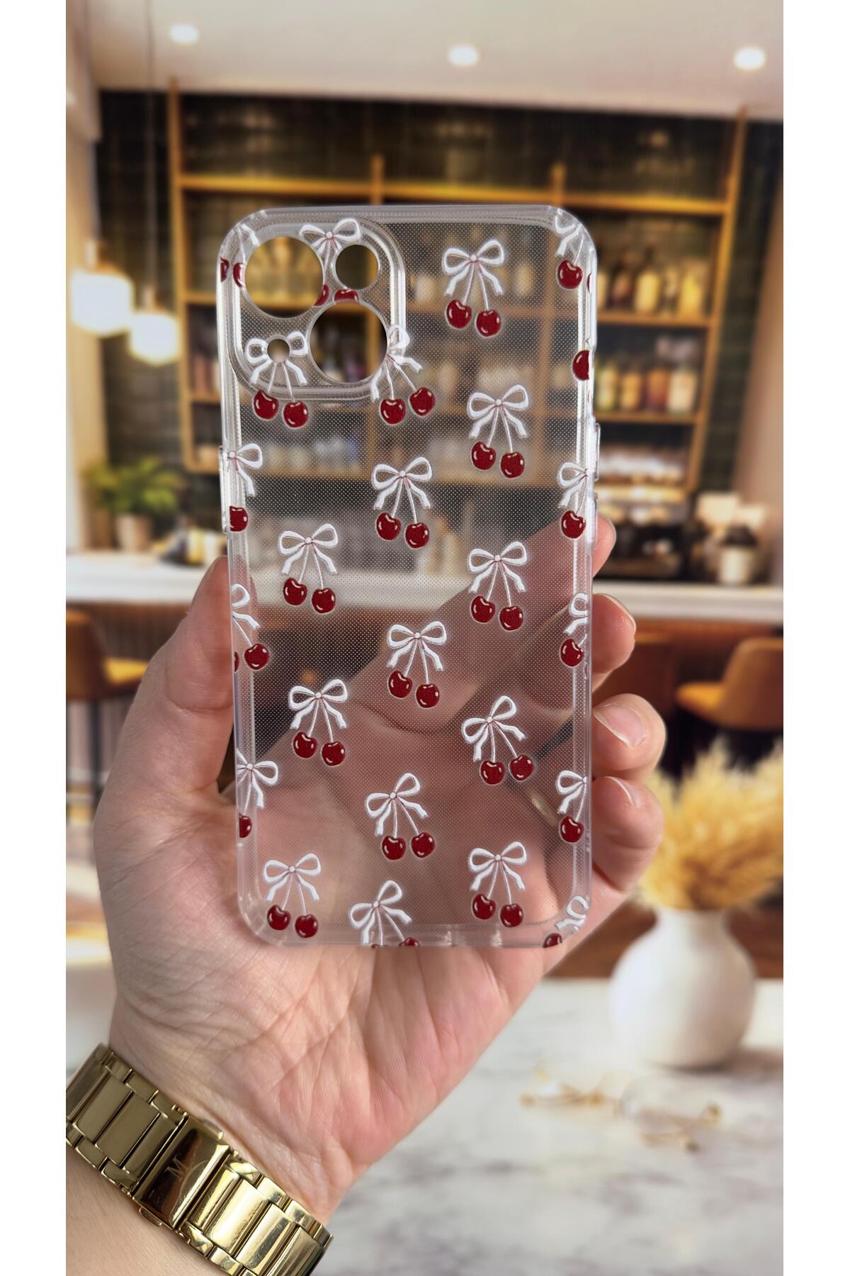 iPhone 13 Uyumlu Kiraz Desenli Şeffaf Darbe Emici Kamera Korumalı Clear Kılıf