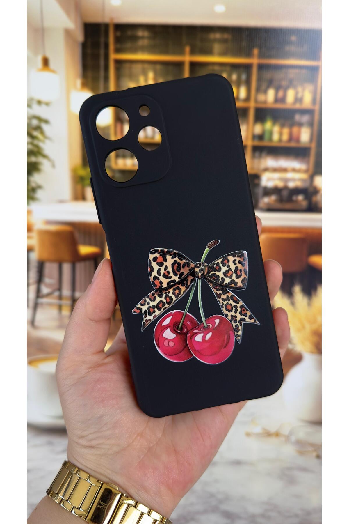 Redmi 12 Uyumlu Kiraz Fiyonk Leopar Desenli Silikon Darbe Emici Klasik Korumalı Rubber Kılıf