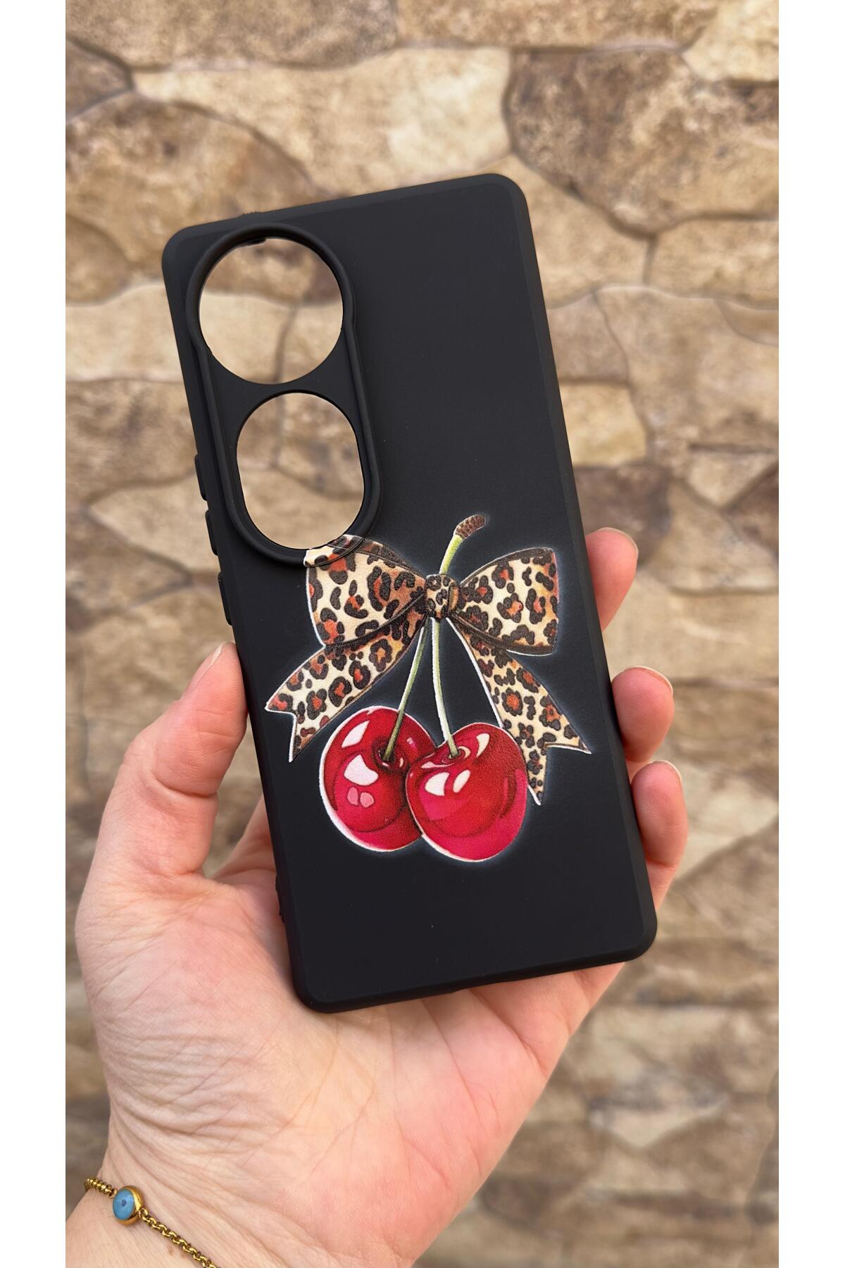 Vivo V40 5G Uyumlu Kiraz Fiyonk Leopar Desenli Silikon Darbe Emici Klasik Korumalı Rubber Kılıf