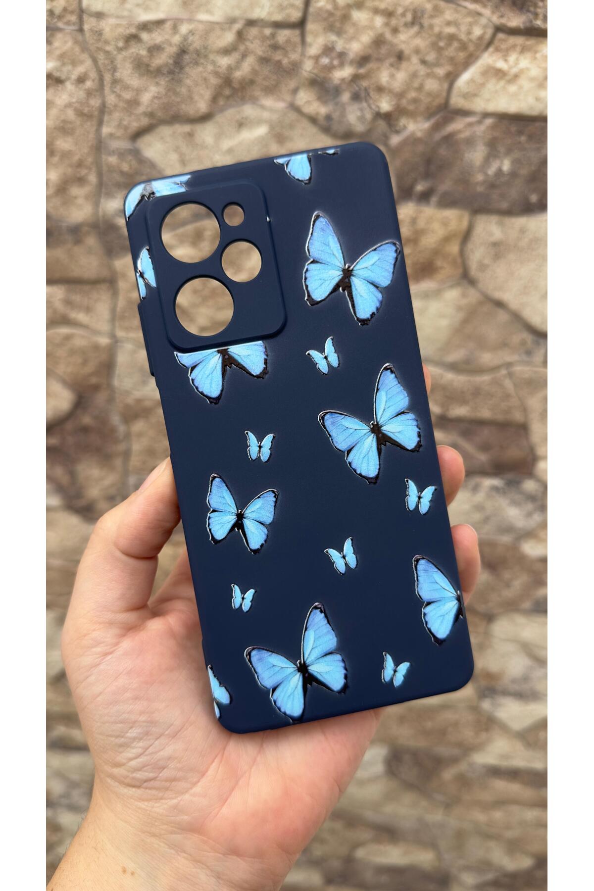 POCO X5 PRO Uyumlu Mavi Kelebek Desenli Silikon Darbe Emici Klasik Korumalı Rubber Kılıf