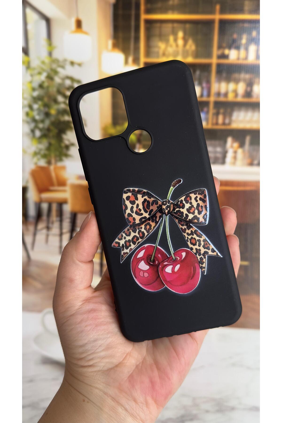 Oppo A15 Uyumlu Kiraz Fiyonk Leopar Desenli Silikon Darbe Emici Klasik Korumalı Rubber Kılıf
