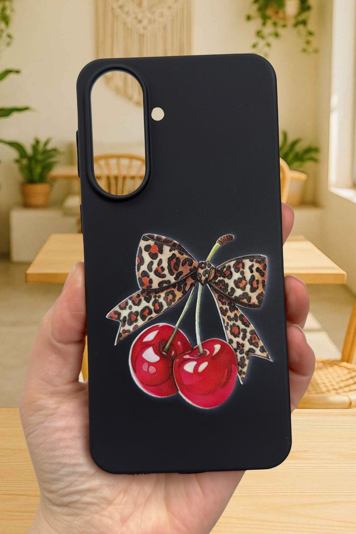 Samsung Galaxy A37 Uyumlu Kiraz Fiyonk Leopar Desenli Silikon Darbe Emici Klasik Korumalı Kılıf