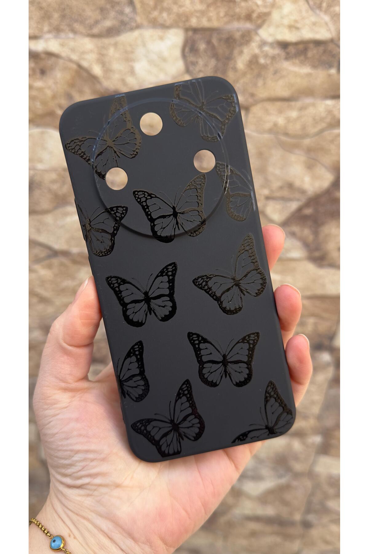 Honor Magic 8 Lite Uyumlu Siyah Kelebek Desenli Silikon Darbe Emici Klasik Korumalı Rubber Kılıf