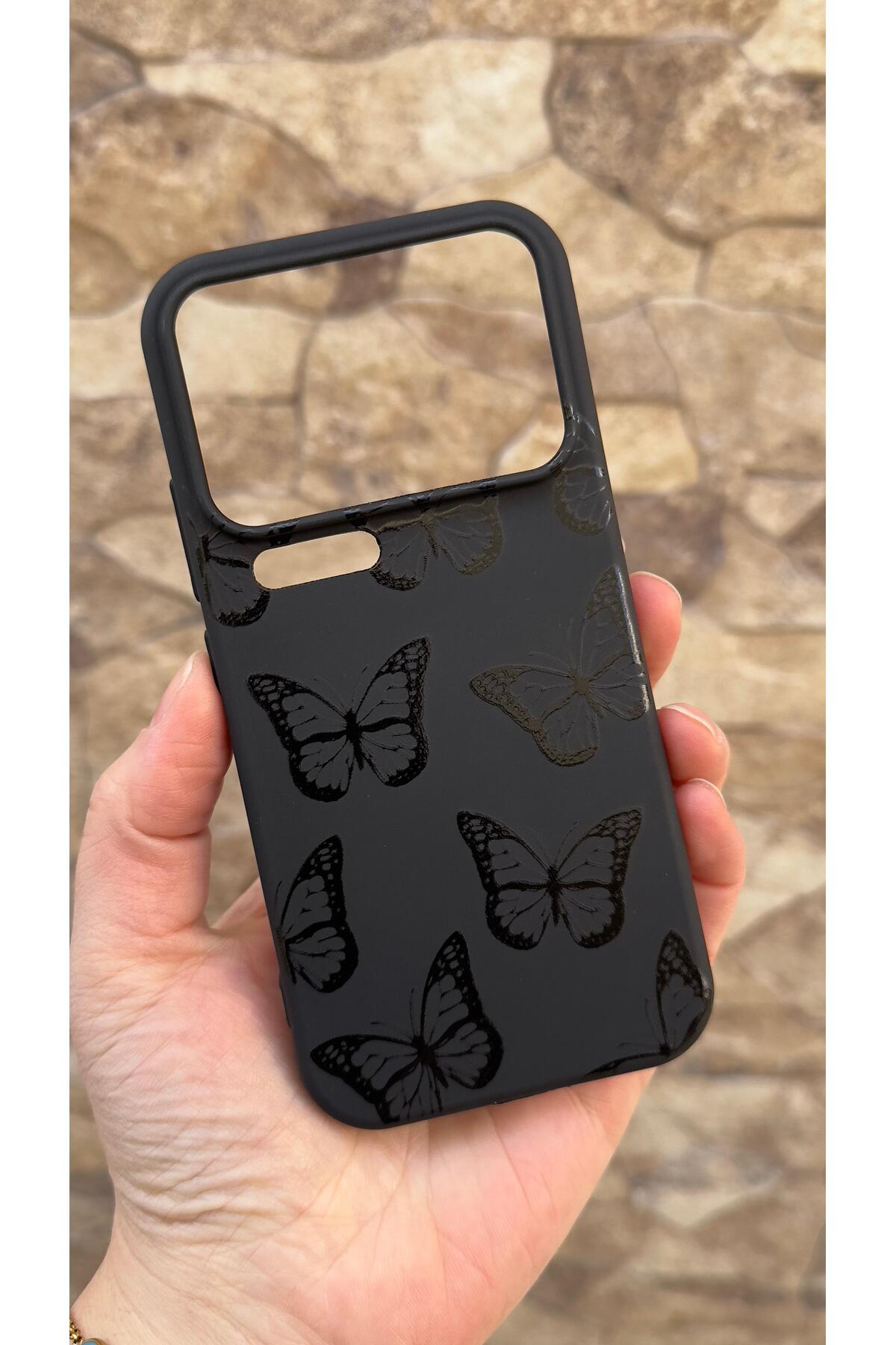 MI 17 Pro Uyumlu Siyah Kelebek Desenli Silikon Darbe Emici Klasik Korumalı Rubber Kılıf