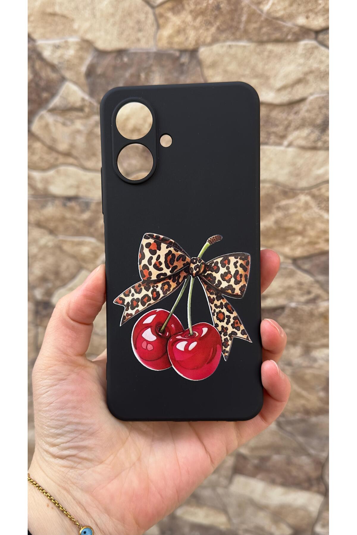 Tecno Spark Go2 Uyumlu Kiraz Fiyonk Leopar Desenli Silikon Darbe Emici Klasik Korumalı Rubber Kılıf
