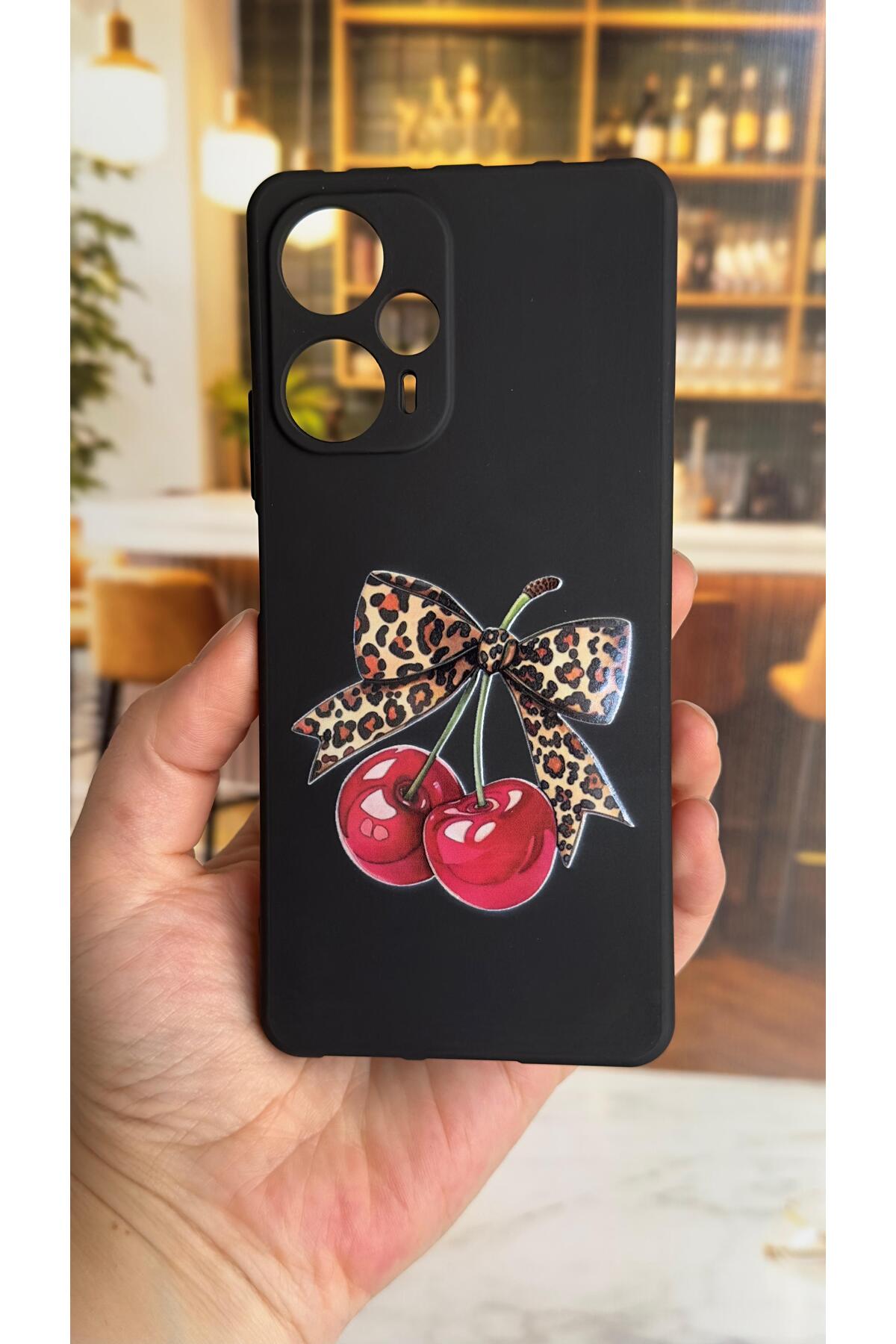 Poco F5 Uyumlu Kiraz Fiyonk Leopar Desenli Silikon Darbe Emici Klasik Korumalı Rubber Kılıf