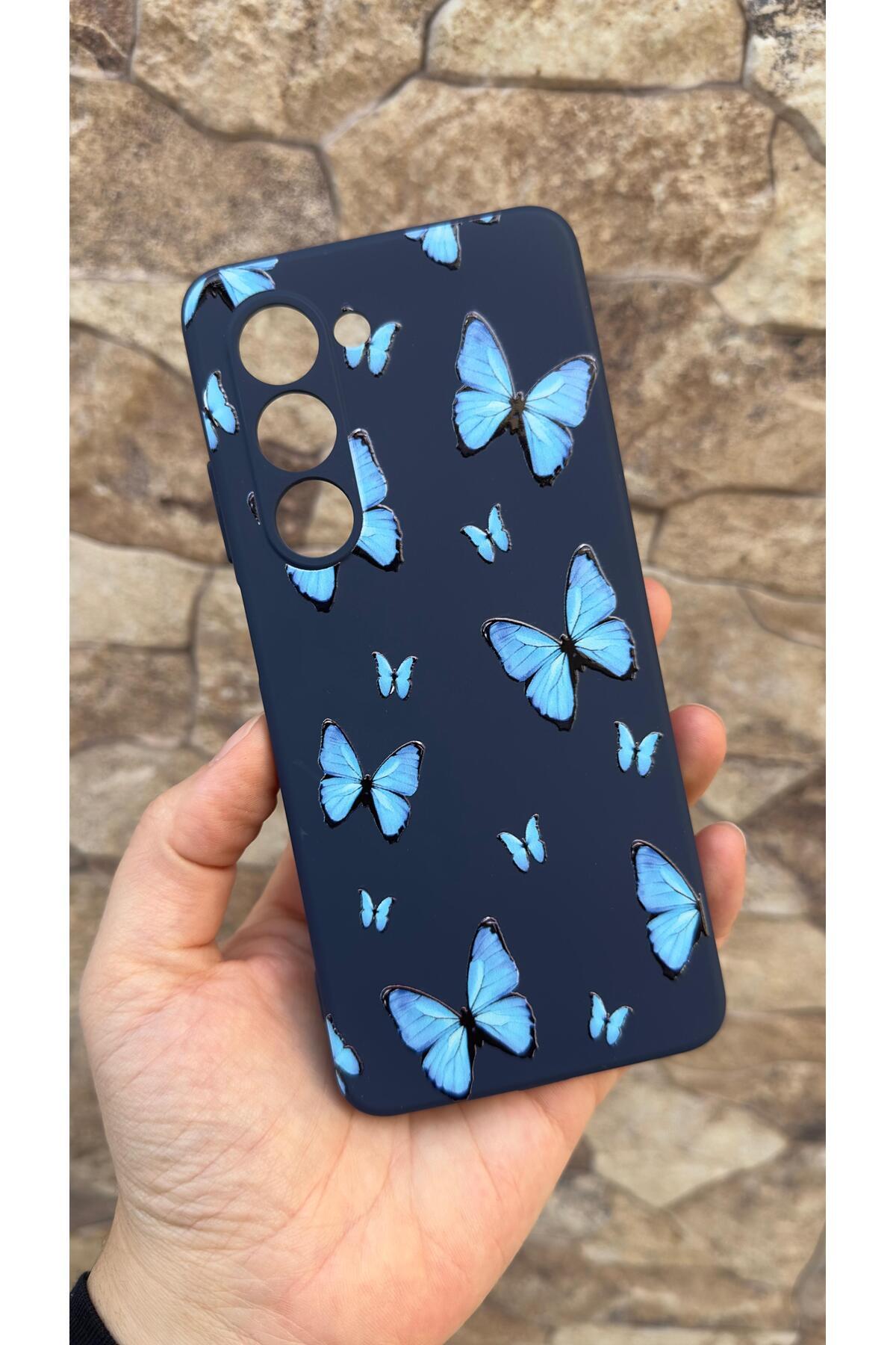 Samsung Galaxy A17 Uyumlu Mavi Kelebek Desenli Silikon Darbe Emici Klasik Korumalı Rubber Kılıf