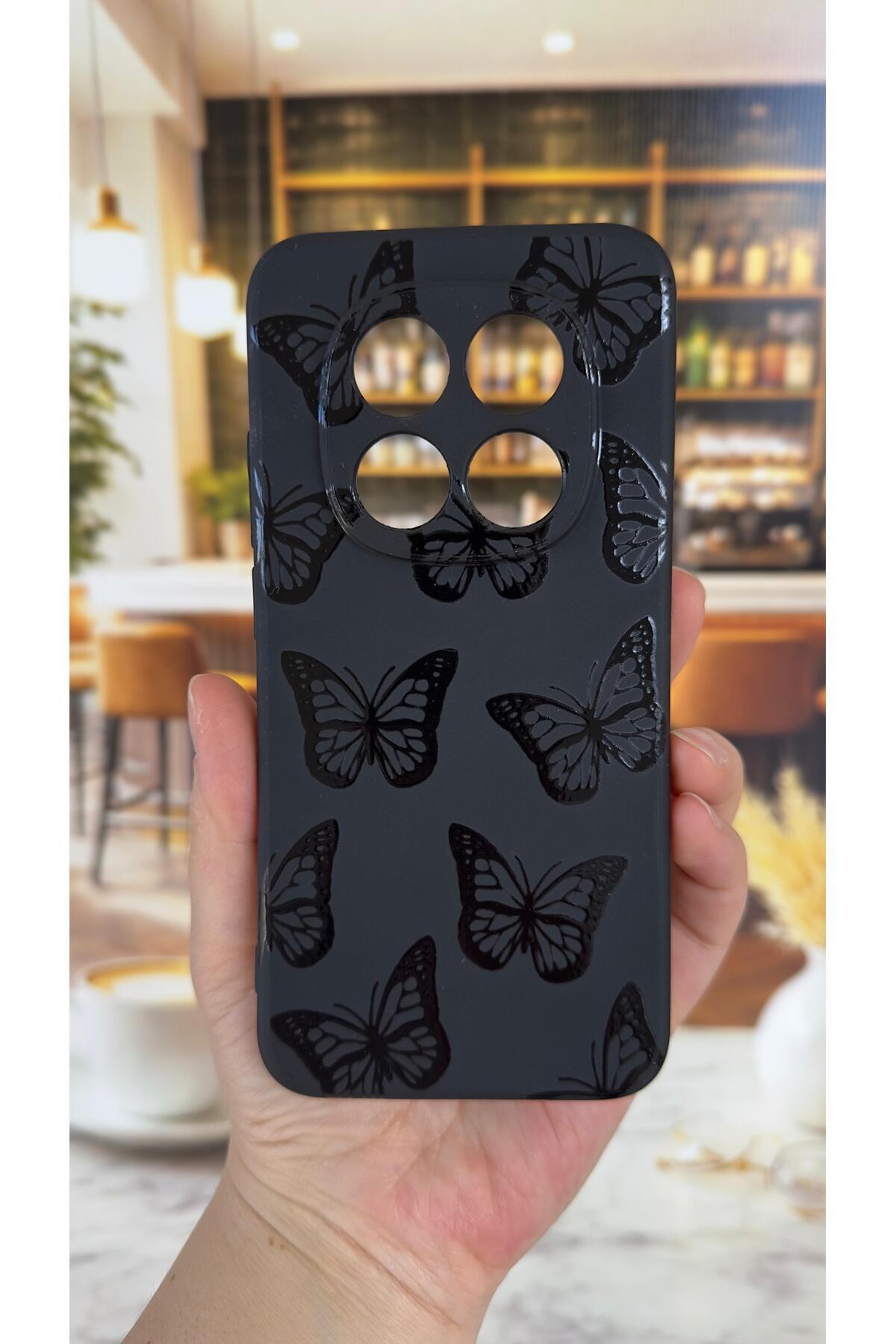 Redmi Note 15 Pro 5G Uyumlu Siyah Kelebek Desenli Silikon Darbe Emici Klasik Korumalı Rubber Kılıf