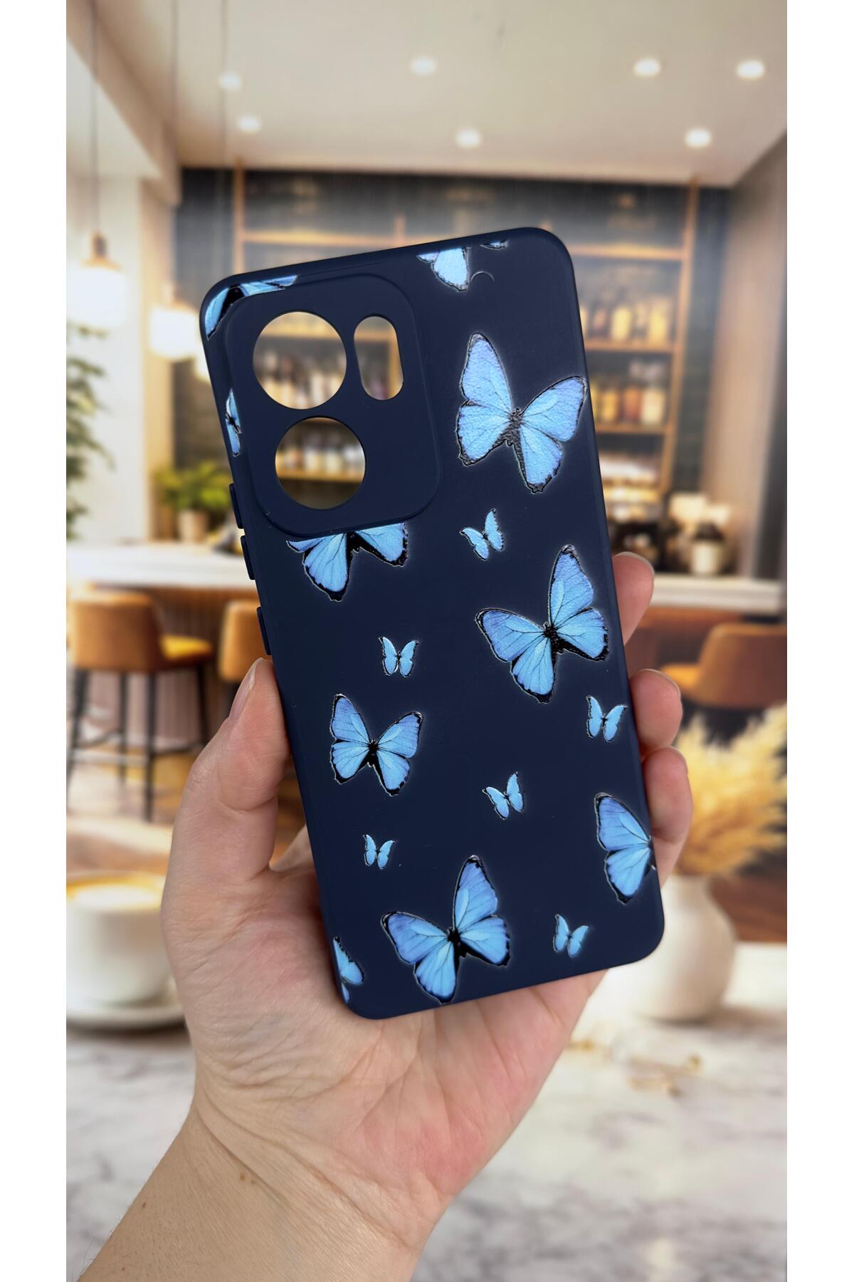 OPPO RENO 13 F Uyumlu Mavi Kelebek Desenli Silikon Darbe Emici Klasik Korumalı Rubber Kılıf