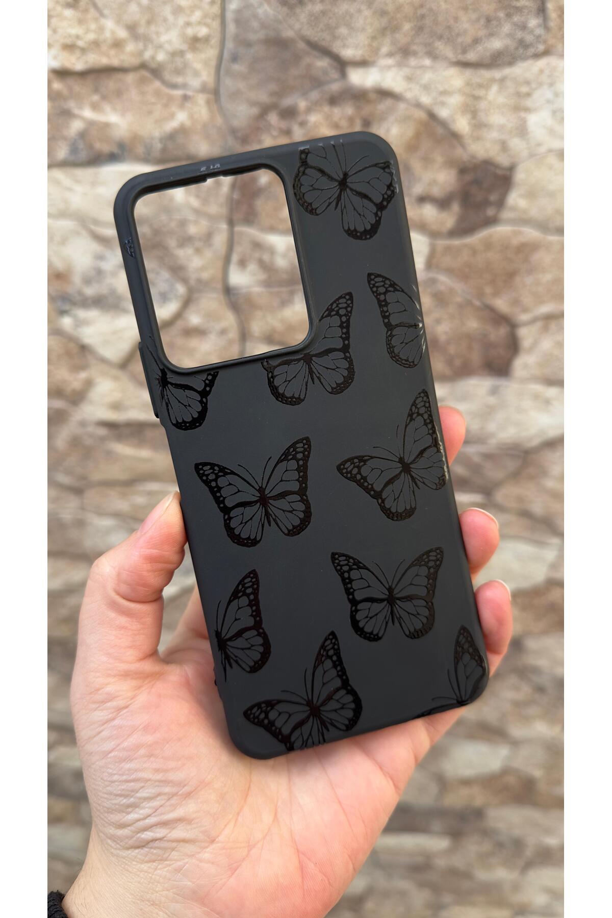 VİVO Y35 Uyumlu Siyah Kelebek Desenli Silikon Darbe Emici Klasik Korumalı Rubber Kılıf