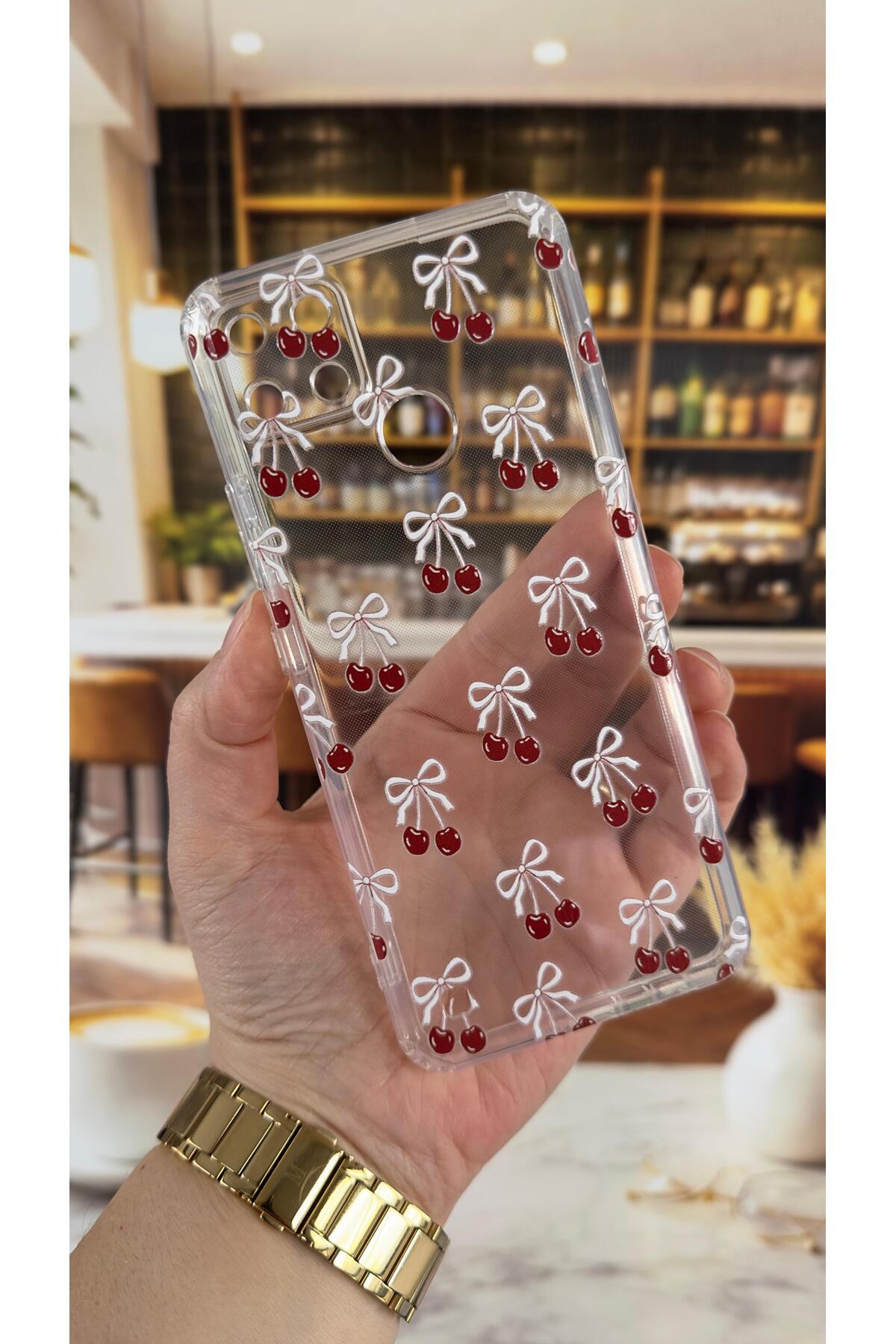 Realme C21Y Uyumlu Kiraz Desenli Şeffaf Darbe Emici Kamera Korumalı Clear Kılıf