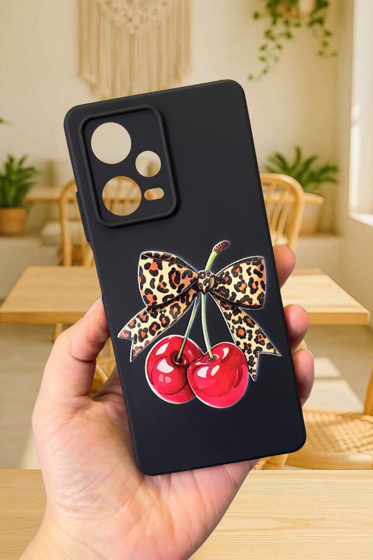 Redmi Note 12 Pro 5G Uyumlu Kiraz Leopar Fiyonk Desenli Silikon Darbe Emici Rubber Kılıf