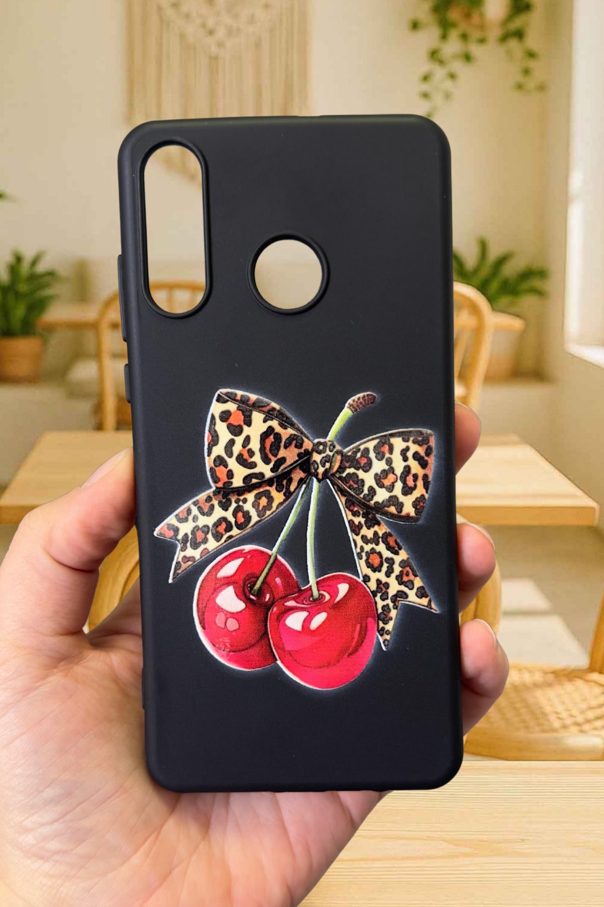 HUAWEİ P20 LİTE Uyumlu Kiraz Leopar Fiyonk Desenli Silikon Darbe Emici Klasik Rubber Kılıf