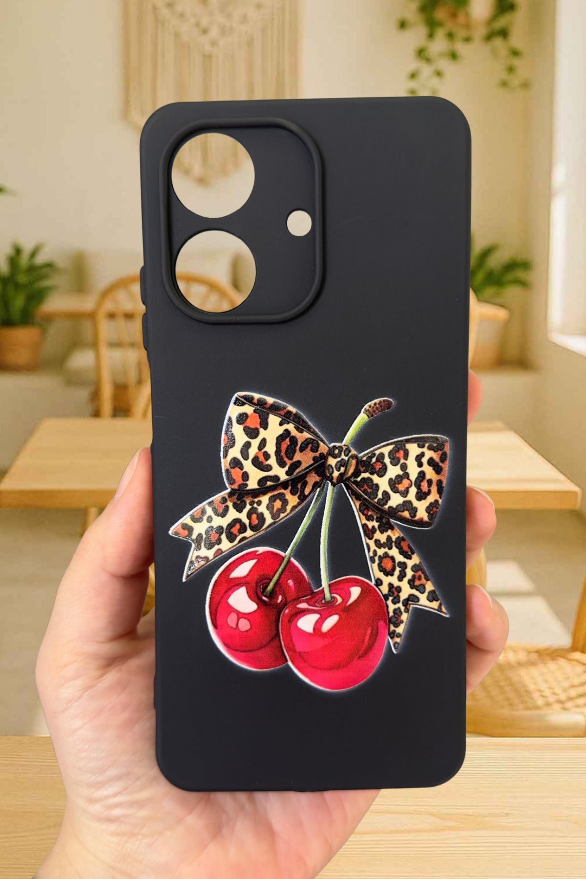 REALME NOTE 60 Uyumlu Kiraz Leopar Fiyonk Desenli Silikon Darbe Emici Rubber Kılıf