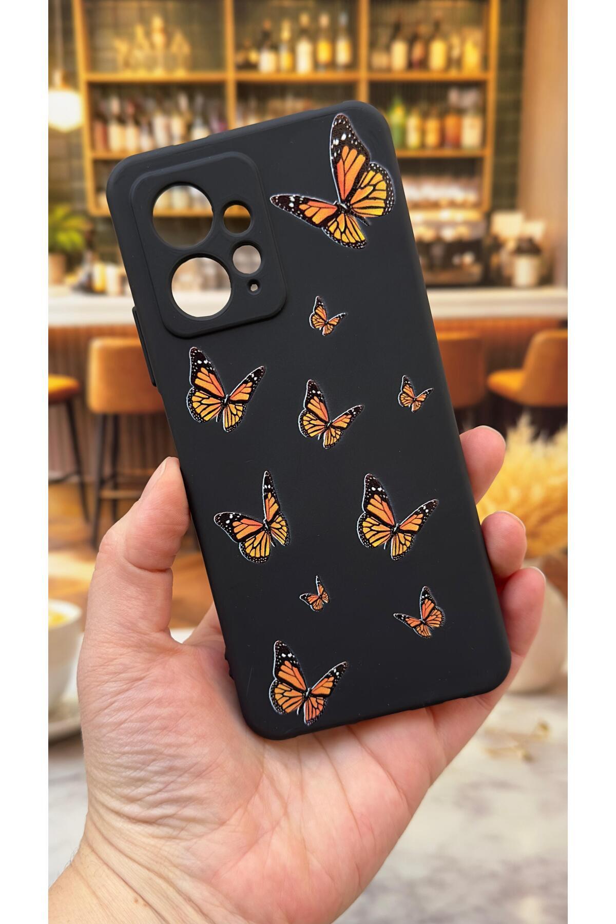 Xiaomi Redmi Note 12 Uyumlu Turuncu Kelebek Desenli Silikon Darbe Emici Klasik Rubber Kılıf