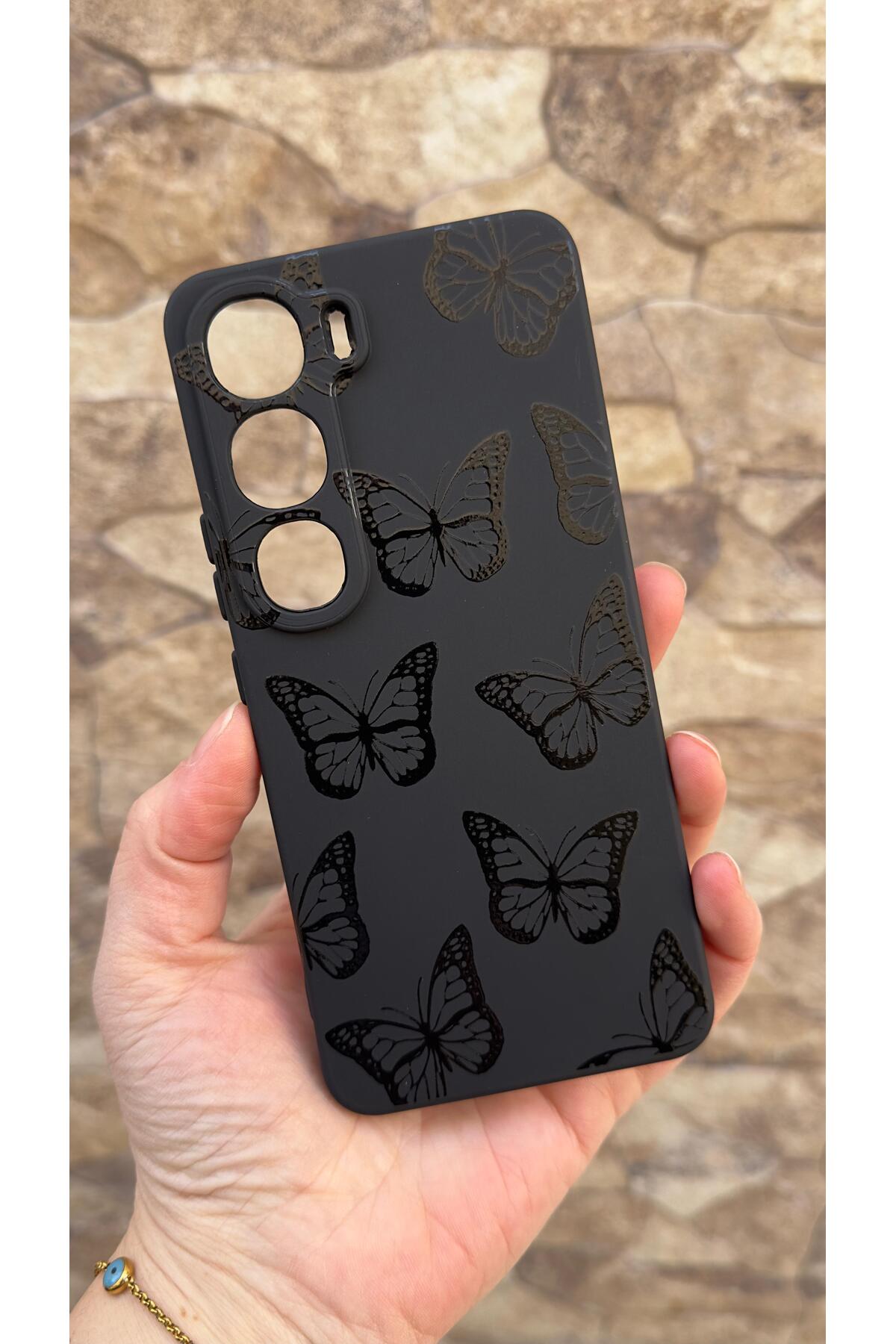 Vivo V40 Lite 5G Uyumlu Siyah Kelebek Desenli Silikon Darbe Emici Klasik Korumalı Rubber Kılıf