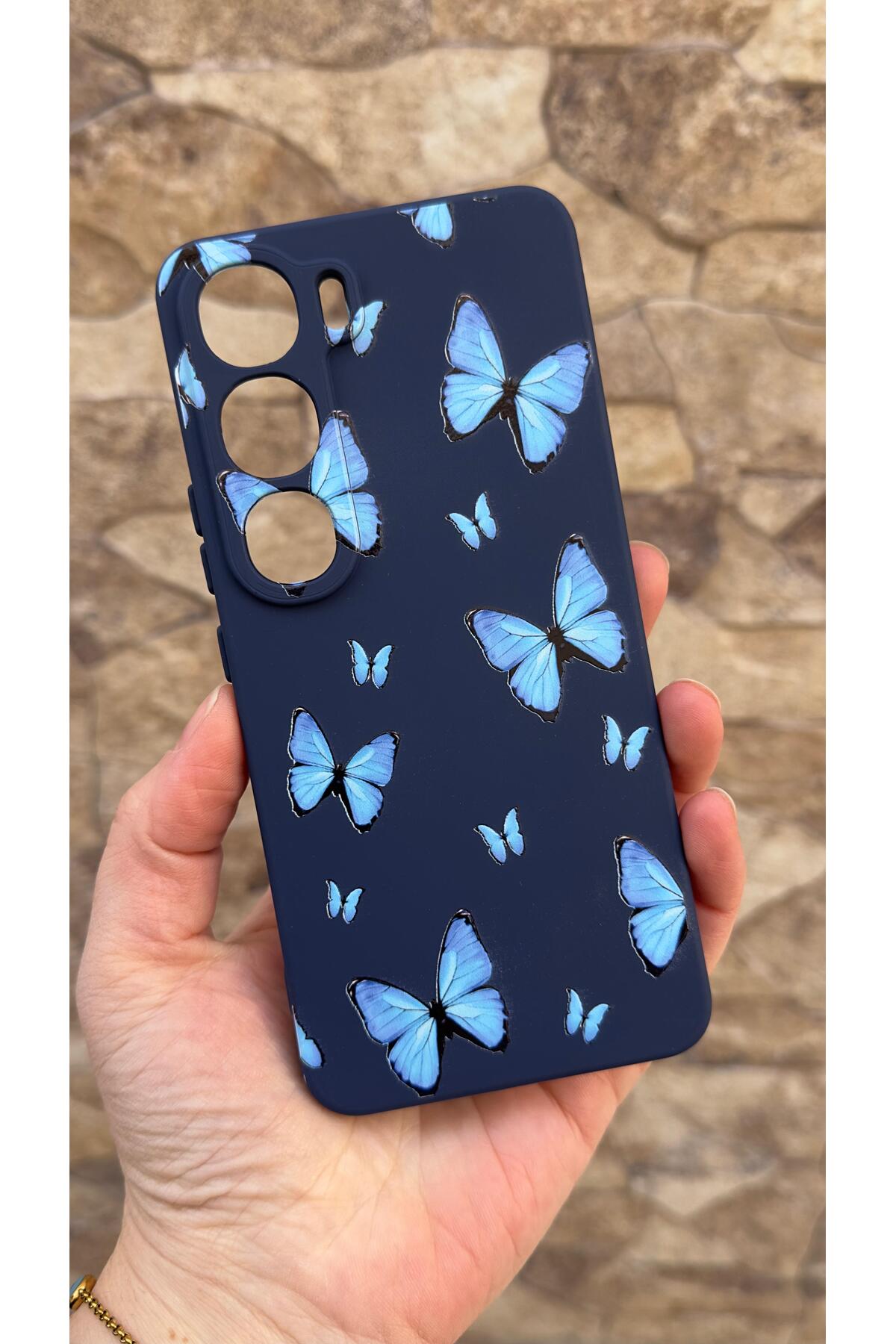 Vivo V40 Lite 5G Uyumlu Mavi Kelebek Desenli Silikon Darbe Emici Klasik Korumalı Rubber Kılıf