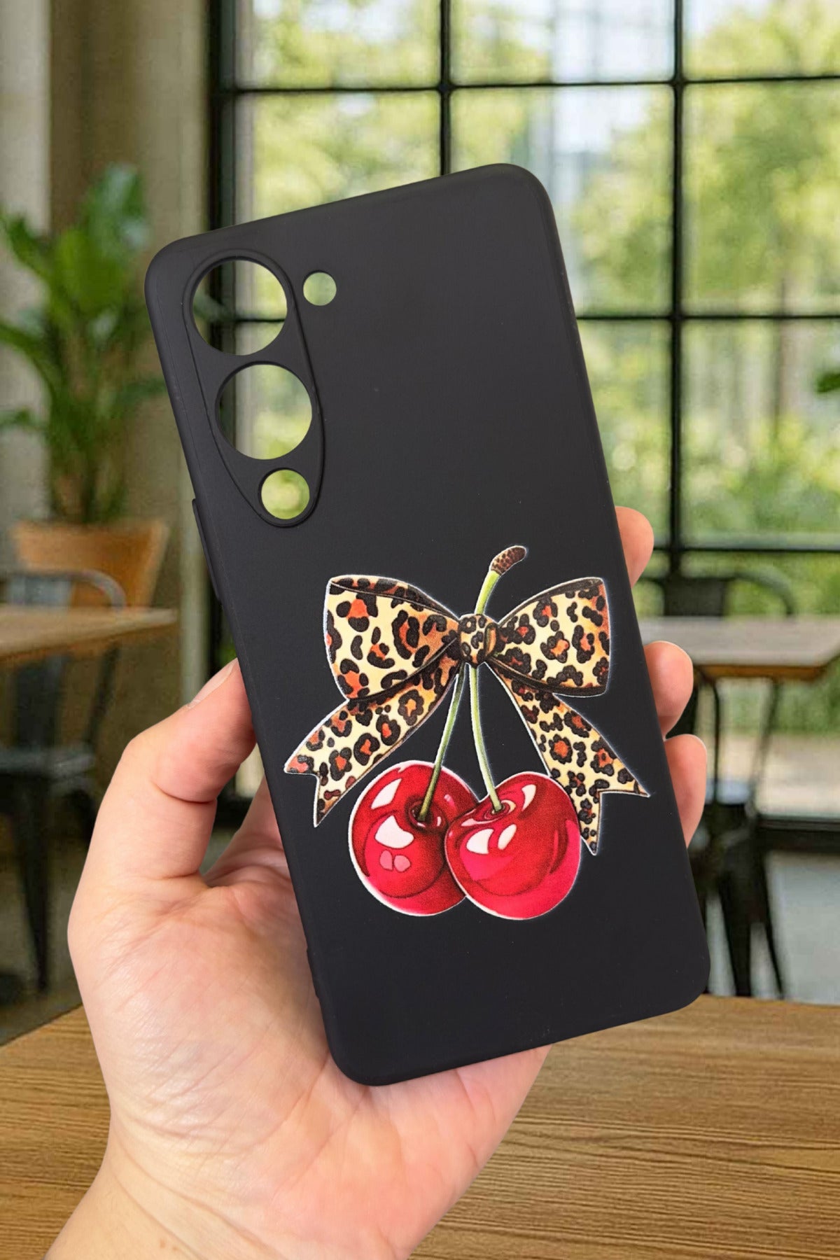 VİVO Y19 Uyumlu Kiraz Leopar Fiyonk Desenli Silikon Darbe Emici Klasik Korumalı Rubber Kılıf