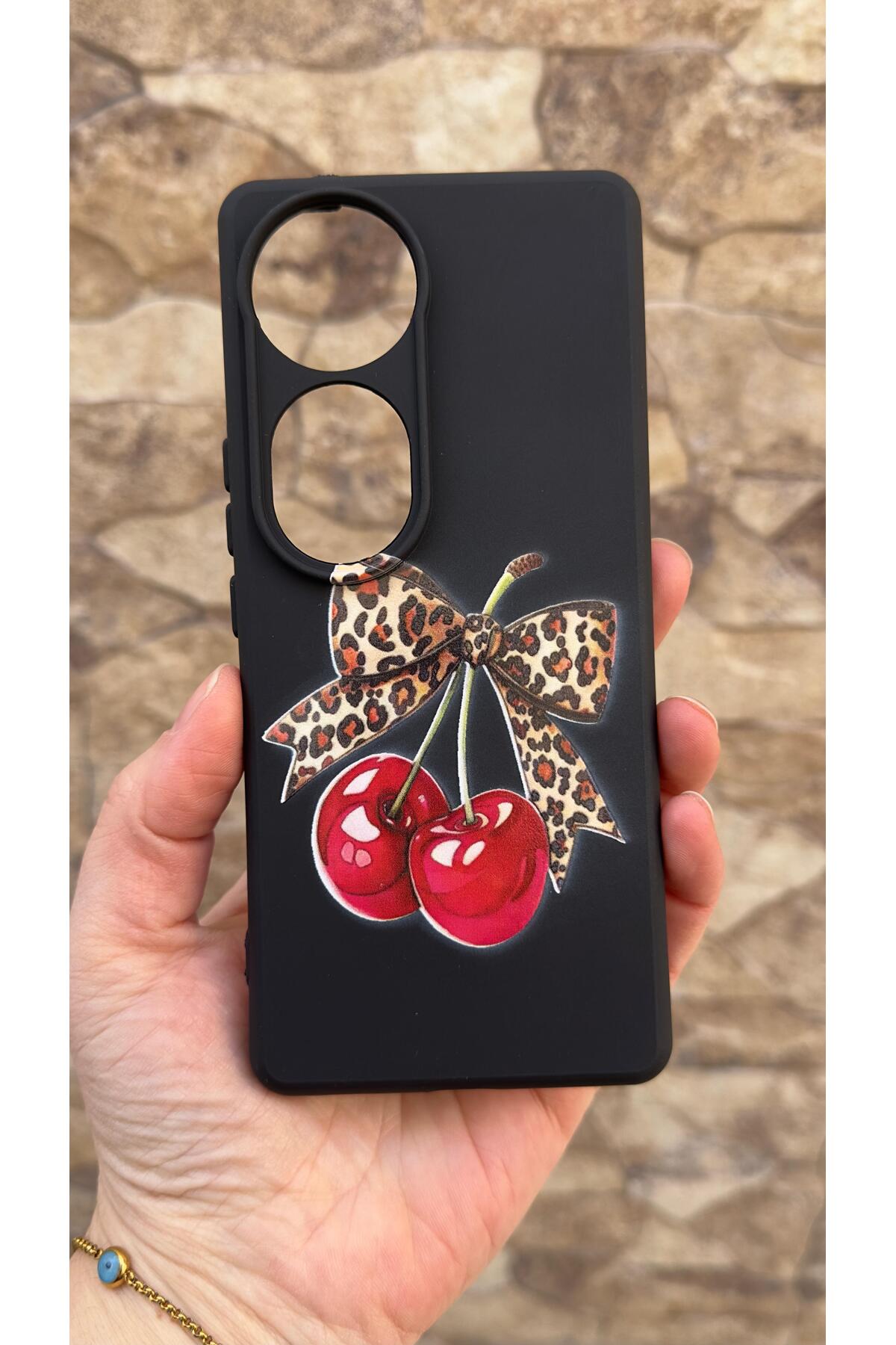 Vivo V40 5G Uyumlu Kiraz Fiyonk Leopar Desenli Silikon Darbe Emici Klasik Korumalı Rubber Kılıf