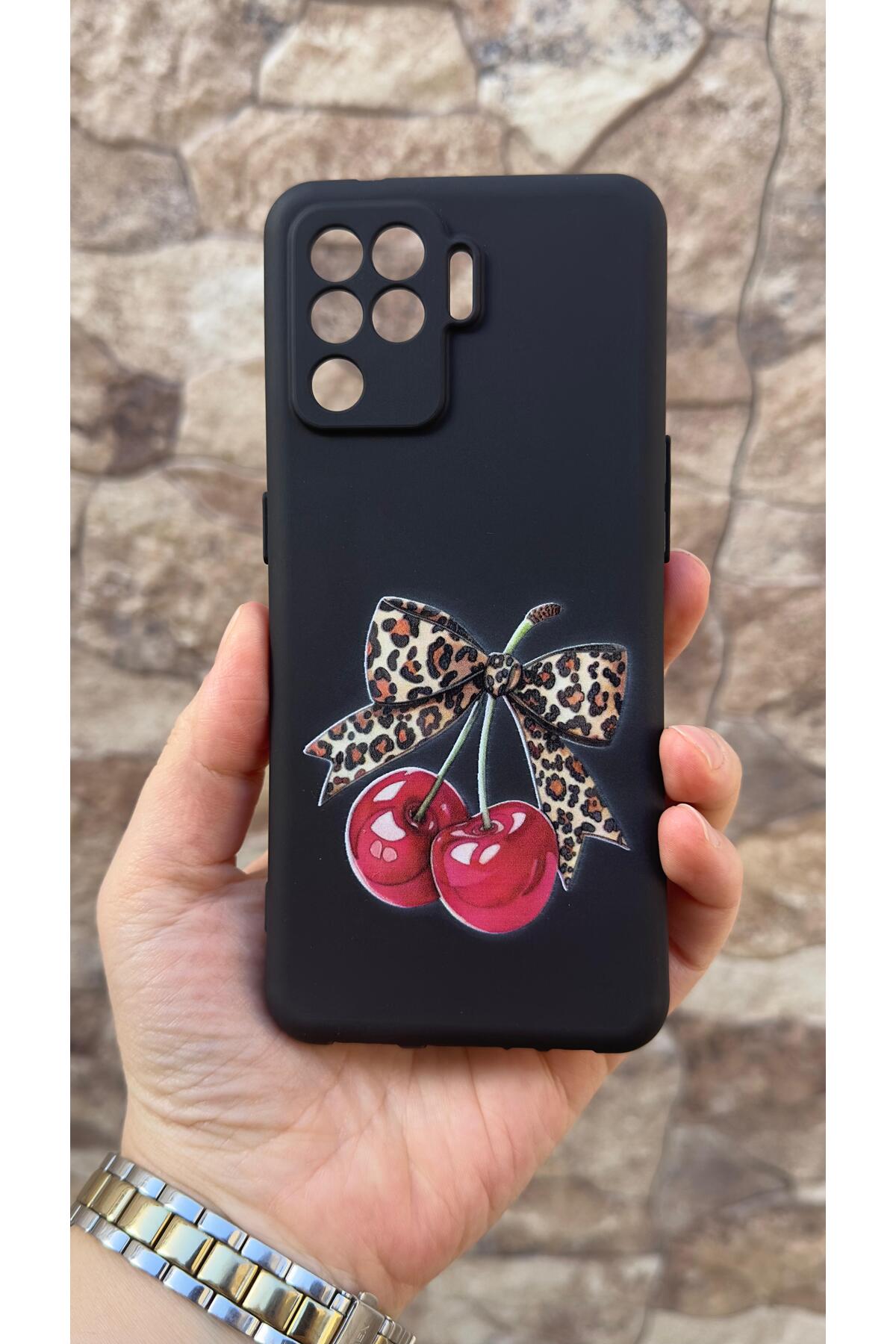 Oppo Reno 5 Lite Uyumlu Kiraz Fiyonk Leopar Desenli Silikon Darbe Emici Klasik Korumalı Rubber Kılıf