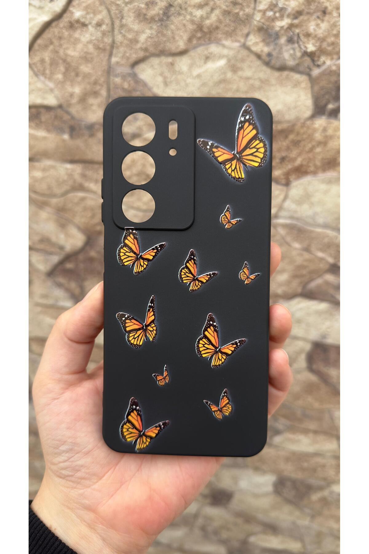 Realme C75 Uyumlu Turuncu Kelebek Desenli Silikon Darbe Emici Klasik Korumalı Rubber Kılıf